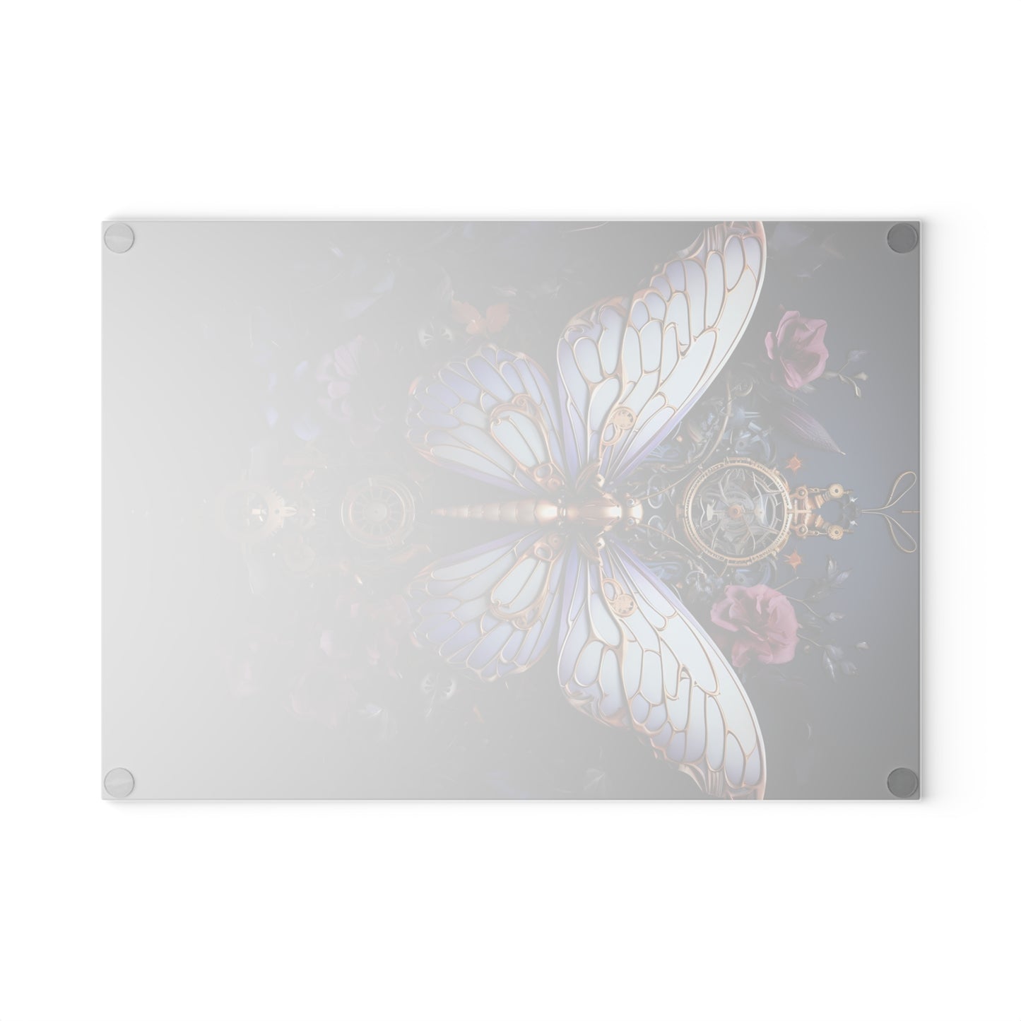 Back-side of Elegant Gothic Butterfly Tempered Glass Cutting Board showing non-slip rubber feet – Small size is 8 x 11 inches