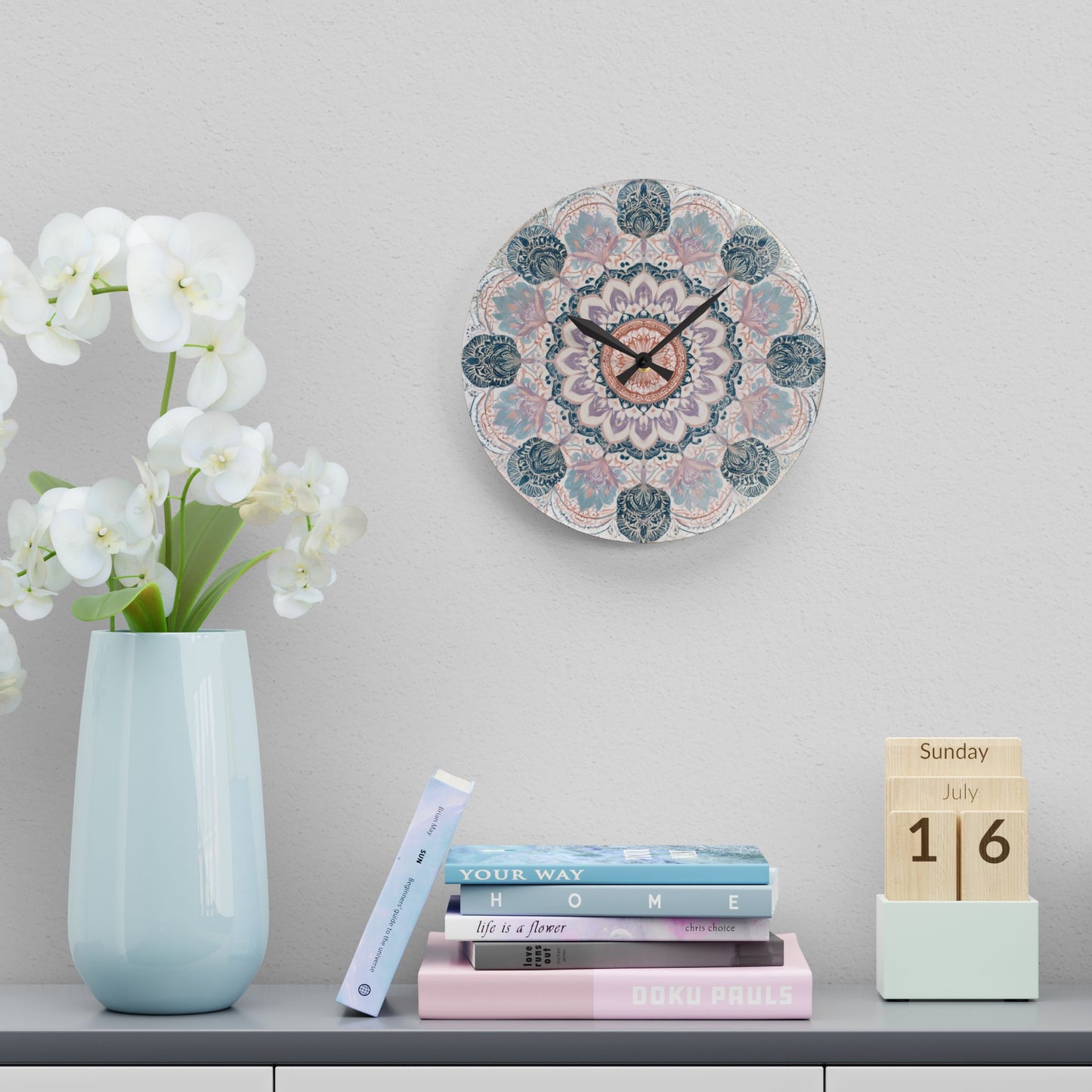 Mandala Acrylic Wall Clock — Boho Floral Decorative Clock