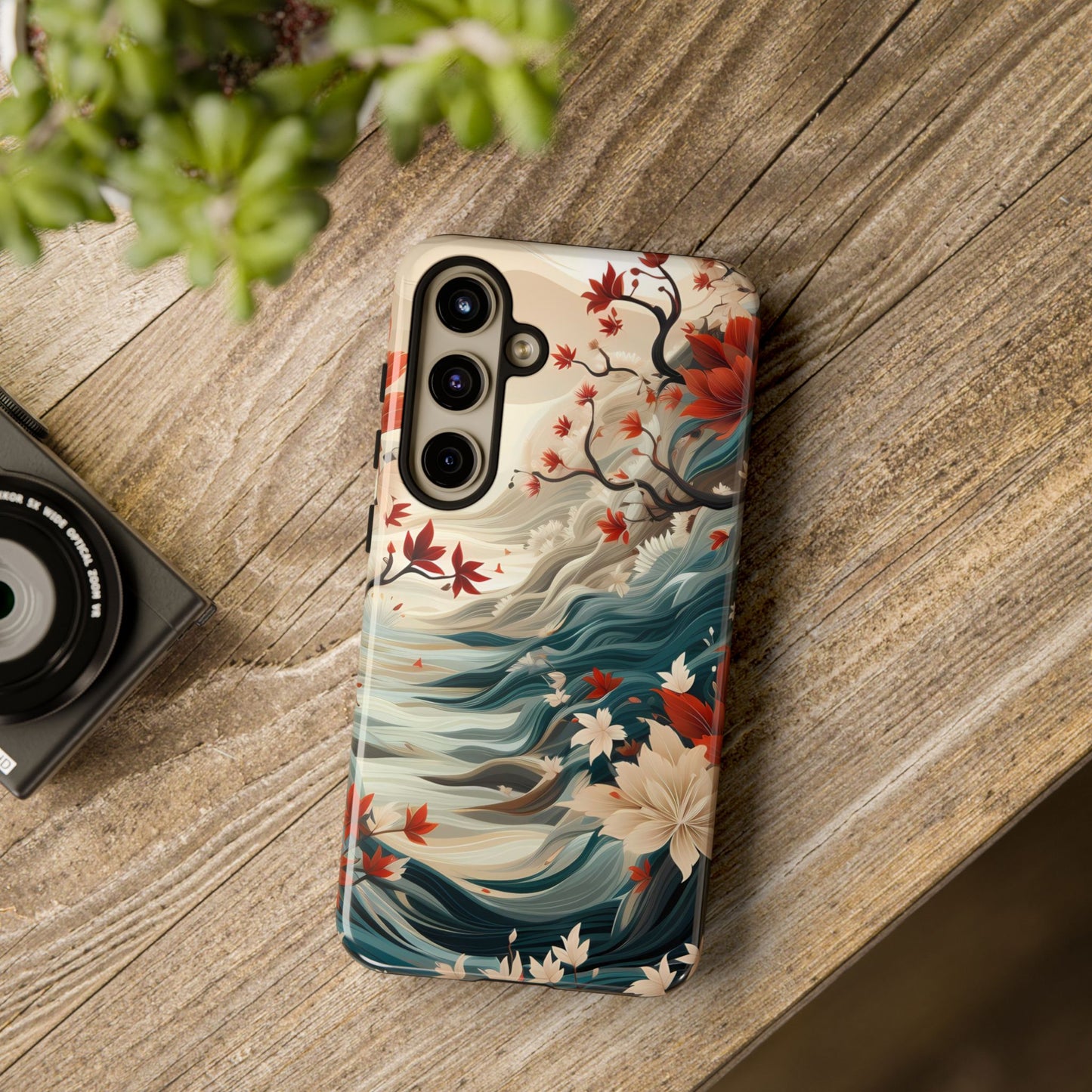 Americana Yuzen Waterfall Floral Phone Case – Artistic Double-Layer Protection for iPhone, Samsung Galaxy, and Google Pixel