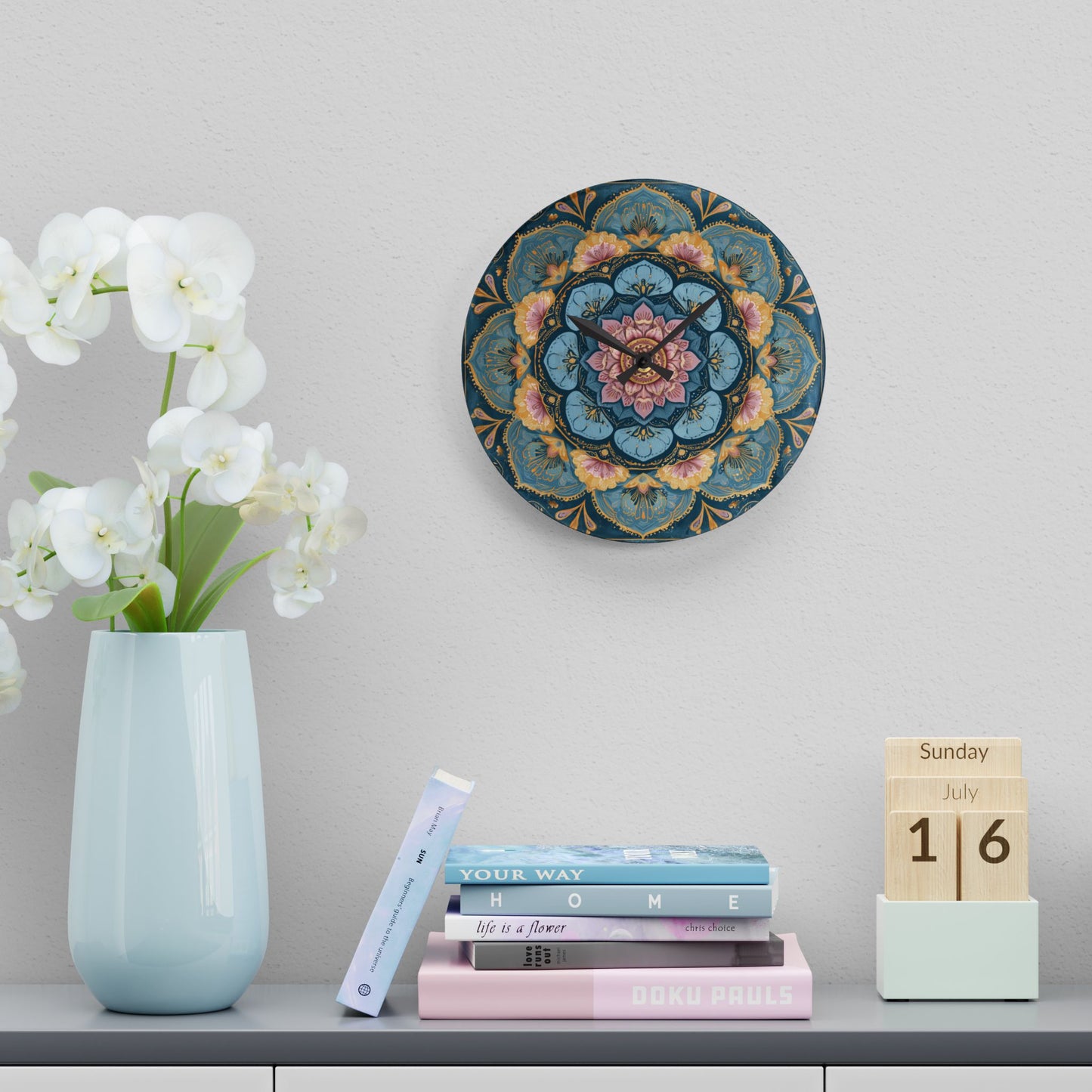 Mandala Floral Acrylic Wall Clock — Boho Decorative Home Clock