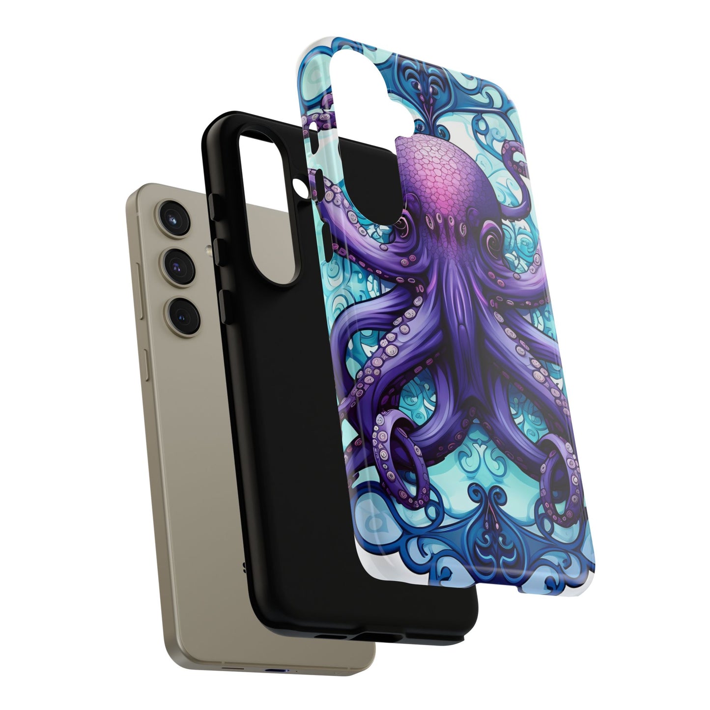 Aqua Blue & Purple Octopus Tough Phone Case | Art Nouveau Mandala Design | Device Protection for iPhone, Samsung Galaxy & Google Pixel