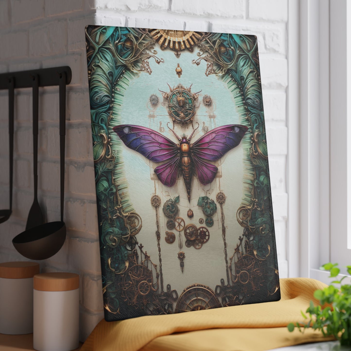 Vintage-Inspired Glass Cutting Board – Intricate Mechanical Aesthetic - Large size is 11 x 15 inches.