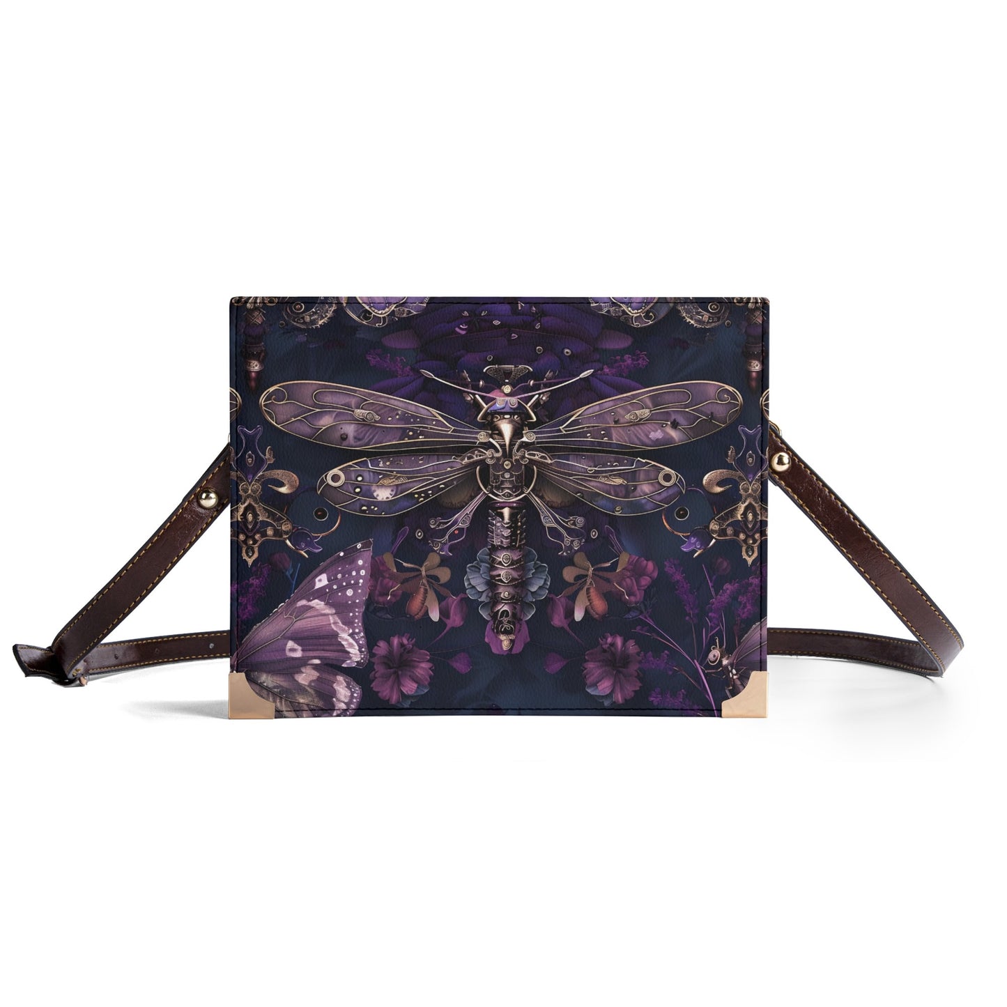 Dark Dragonfly Steampunk Book Cover Crossbody Bag – Unique Book Lovers Purse for Carrying Books, Tablets, & Journals
