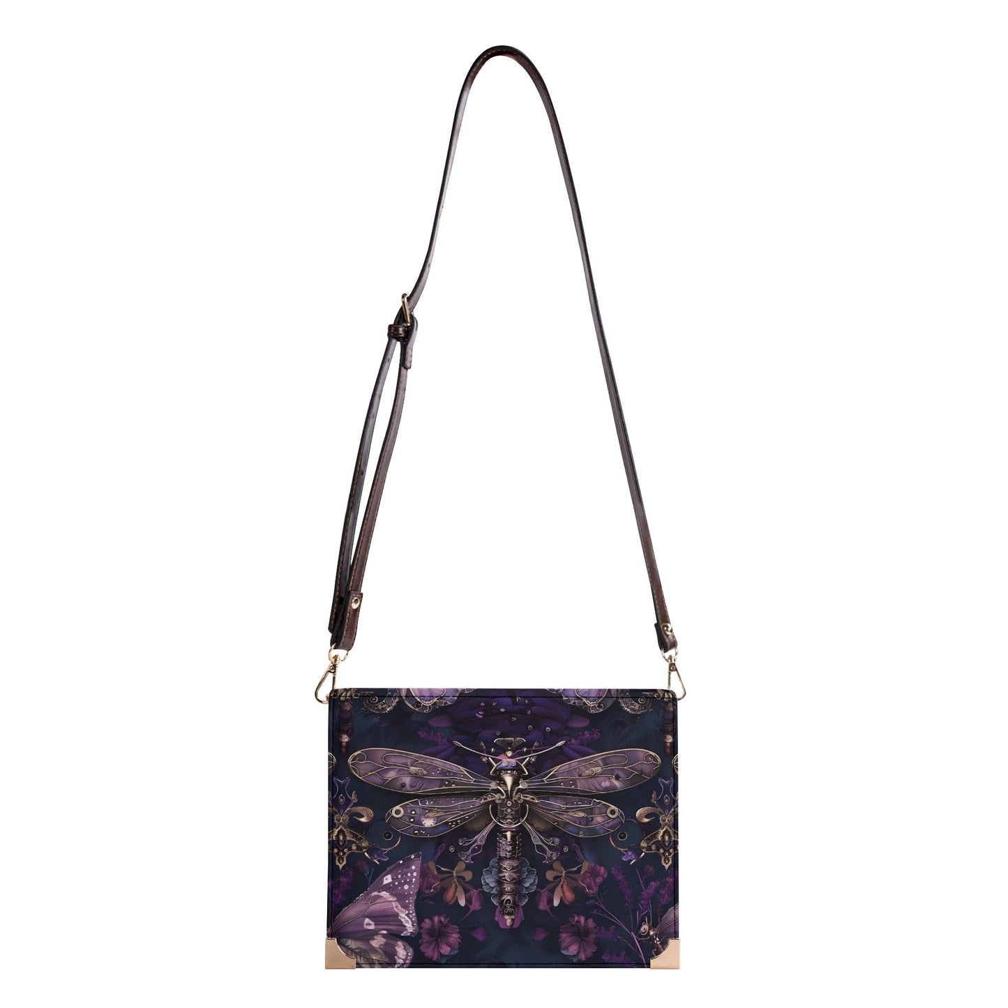 Dark Dragonfly Steampunk Book Cover Crossbody Bag – Unique Book Lovers Purse for Carrying Books, Tablets, & Journals
