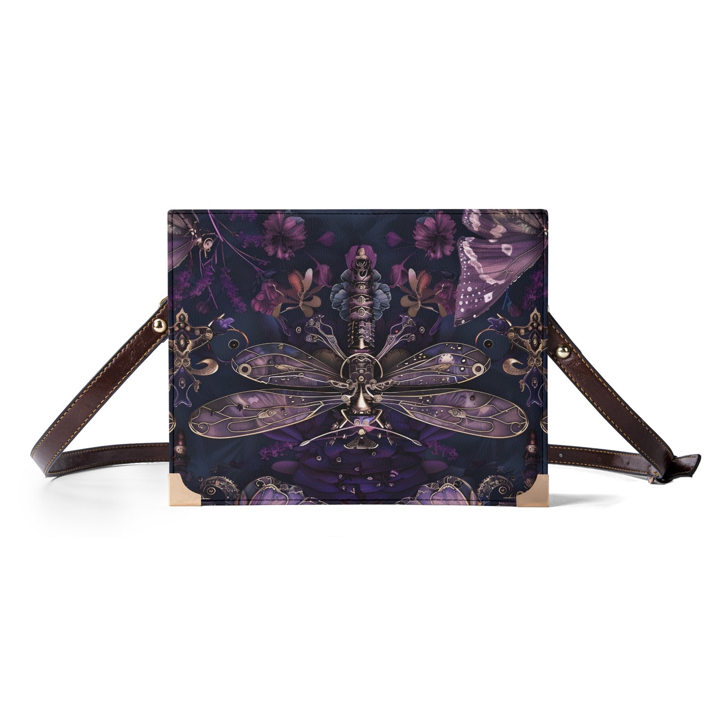 Dark Dragonfly Steampunk Book Cover Crossbody Bag – Unique Book Lovers Purse for Carrying Books, Tablets, & Journals