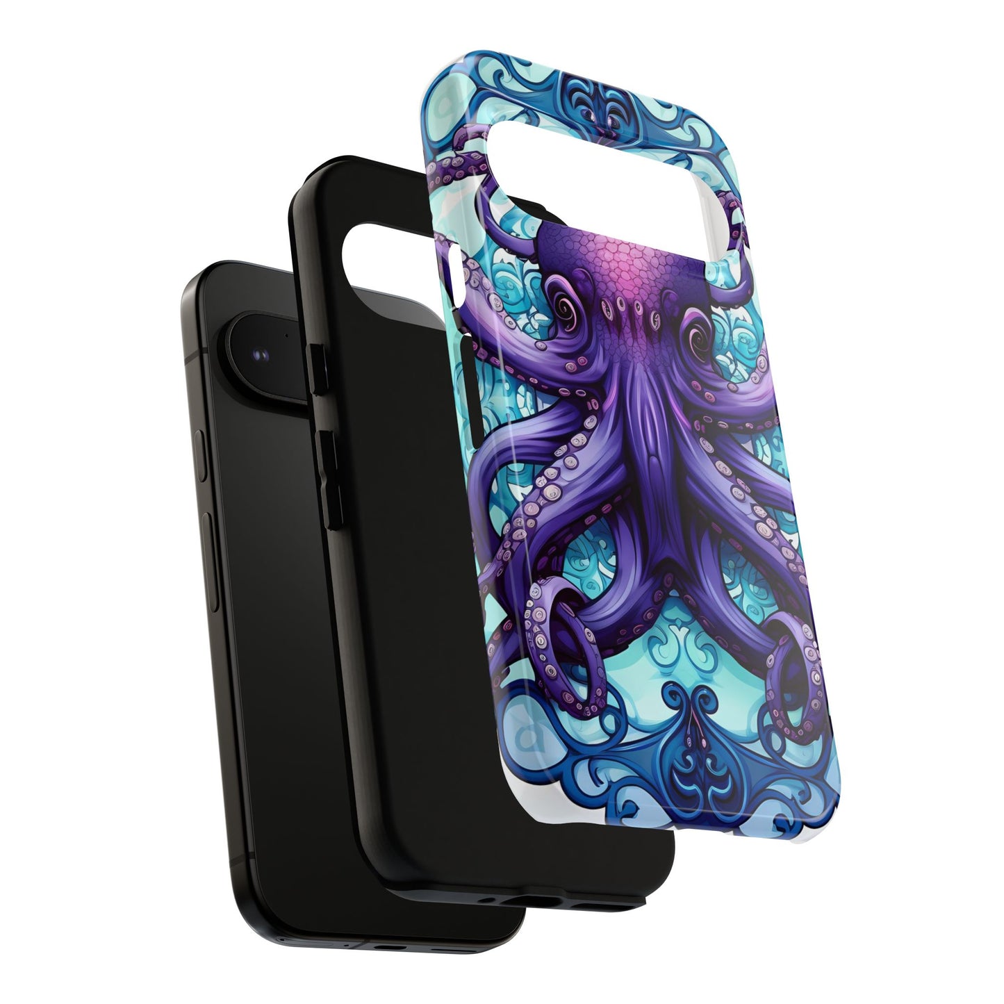 Aqua Blue & Purple Octopus Tough Phone Case | Art Nouveau Mandala Design | Device Protection for iPhone, Samsung Galaxy & Google Pixel