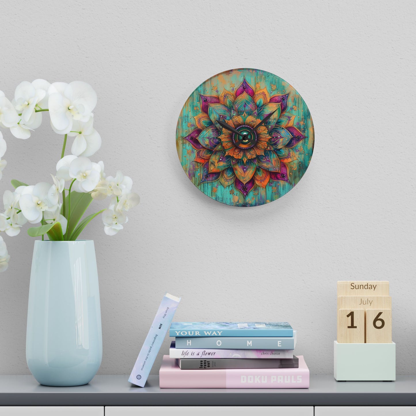 Mandala Acrylic Wall Clock — Boho Teal & Gold Decorative Clock