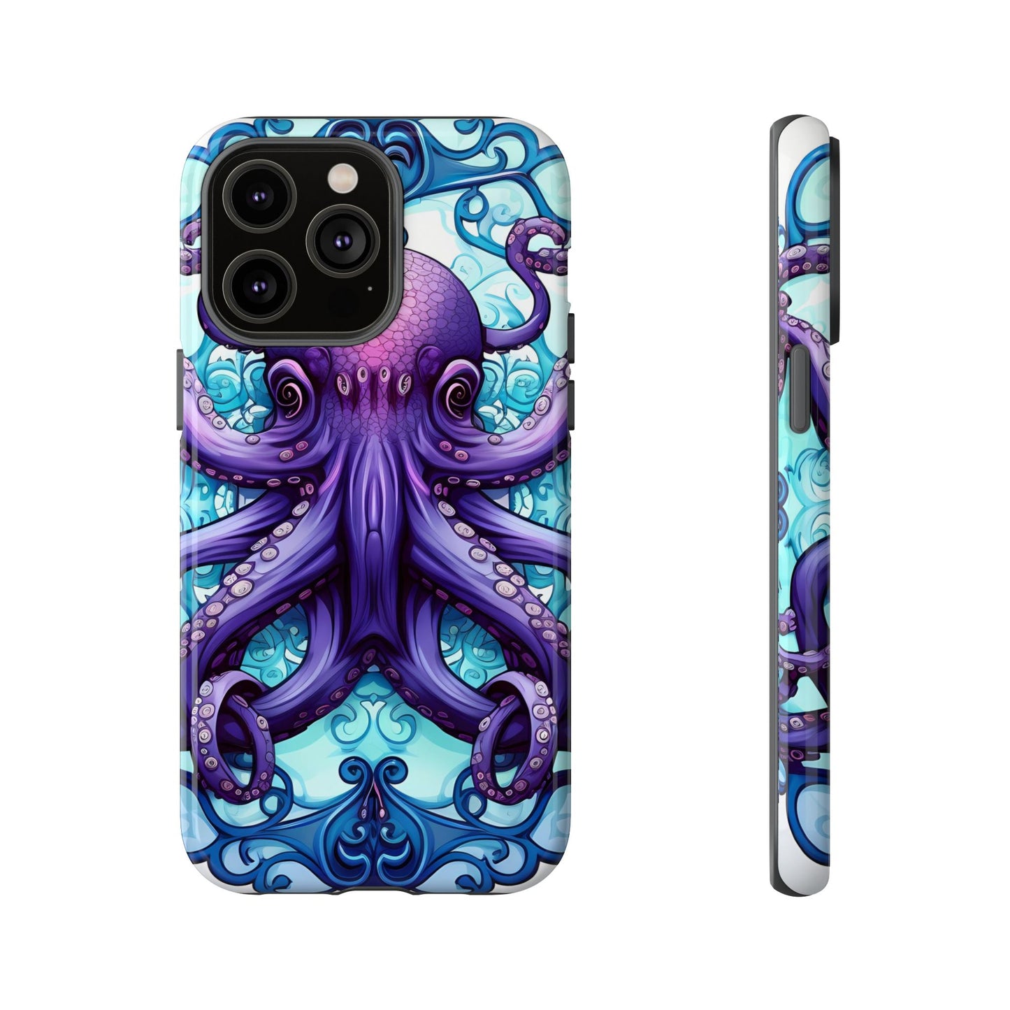 Aqua Blue & Purple Octopus Tough Phone Case | Art Nouveau Mandala Design | Device Protection for iPhone, Samsung Galaxy & Google Pixel