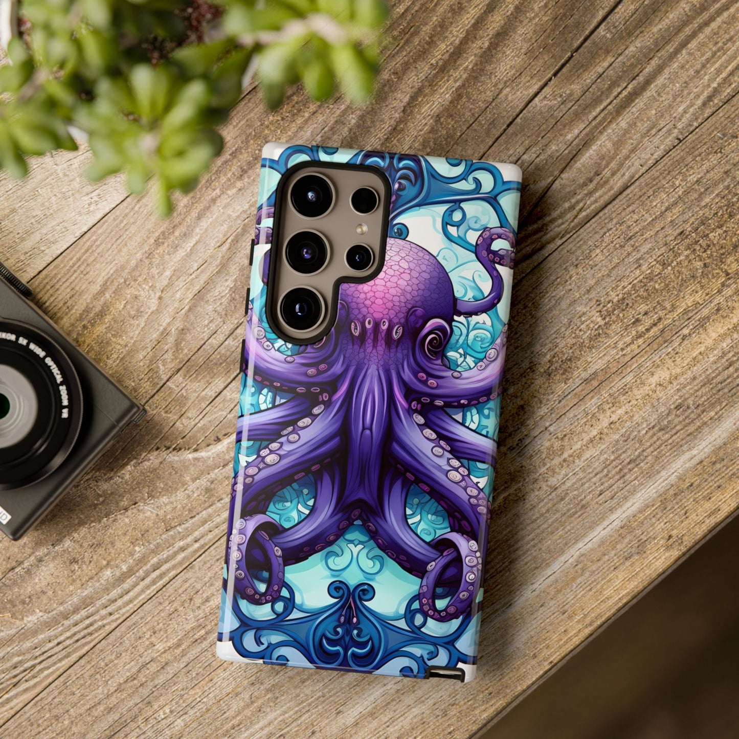 Aqua Blue & Purple Octopus Tough Phone Case | Art Nouveau Mandala Design | Device Protection for iPhone, Samsung Galaxy & Google Pixel