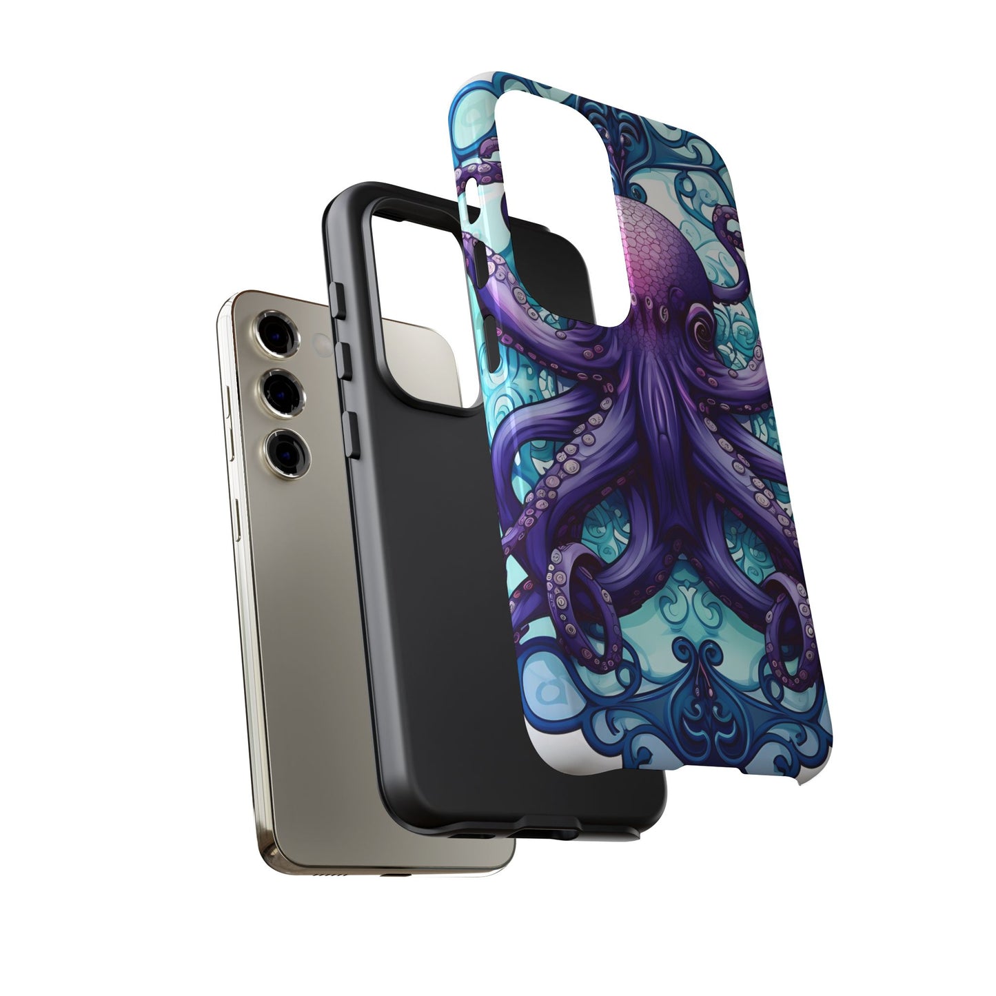 Aqua Blue & Purple Octopus Tough Phone Case | Art Nouveau Mandala Design | Device Protection for iPhone, Samsung Galaxy & Google Pixel