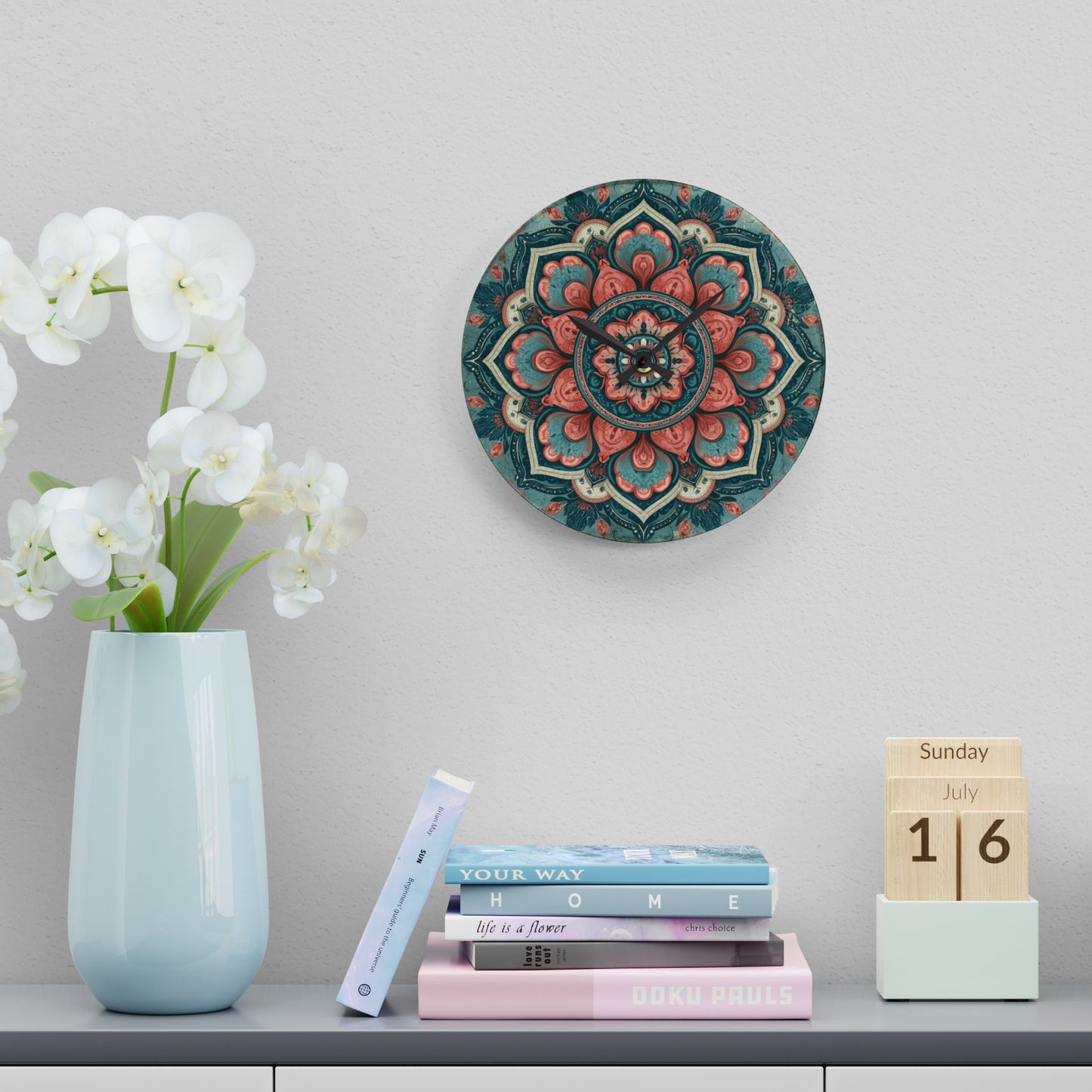 Mandala Acrylic Wall Clock — Boho Floral Decorative Clock