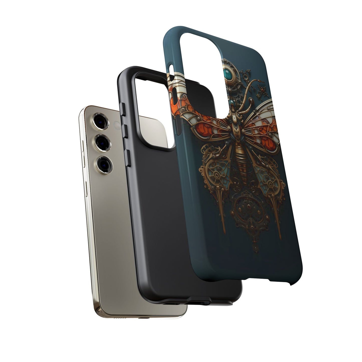 Orange and Teal Steampunk Butterfly Tough Phone Case – Unique Art for iPhone, Samsung, Google Pixel