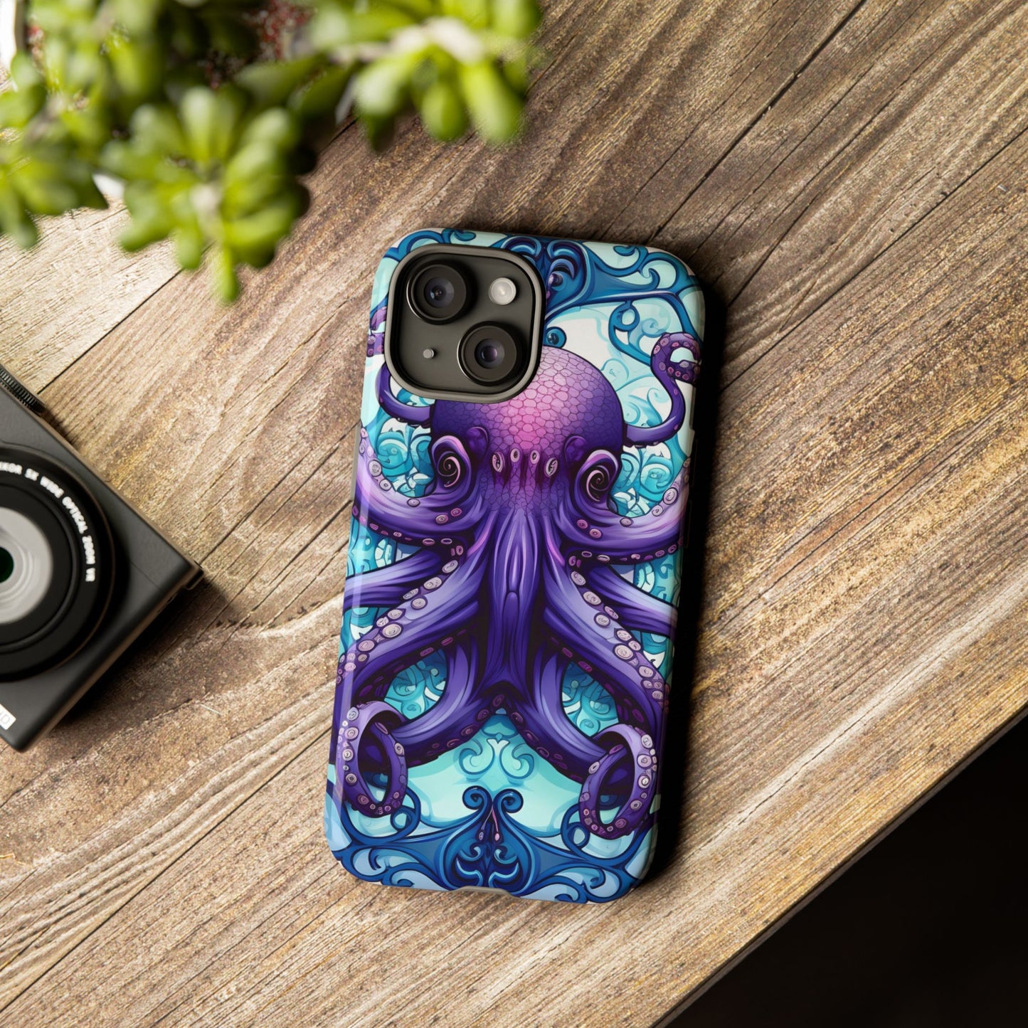 Aqua Blue & Purple Octopus Tough Phone Case | Art Nouveau Mandala Design | Device Protection for iPhone, Samsung Galaxy & Google Pixel