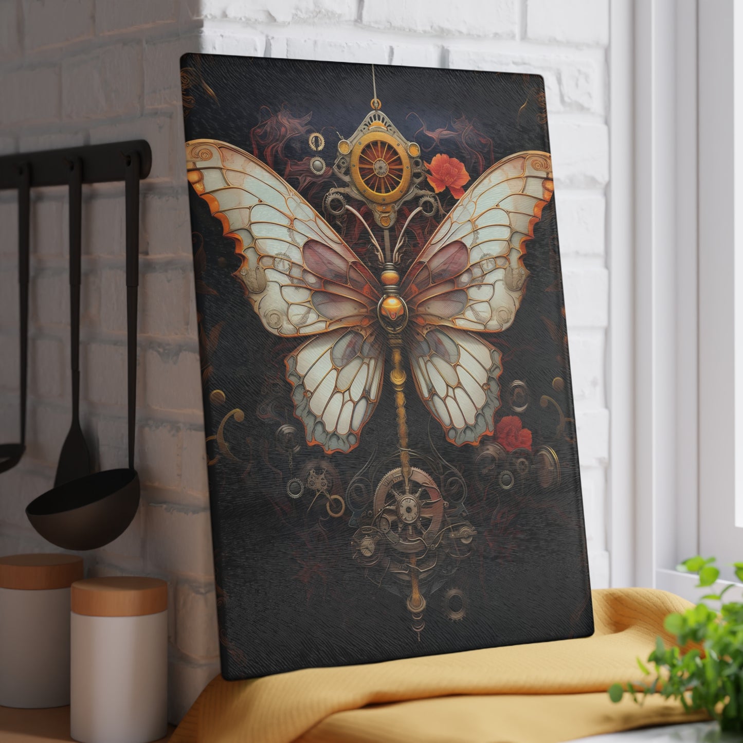 Clockwork Butterfly Glass Board – Fantasy Homeware Gift - Large size is 11 x 15 inches.