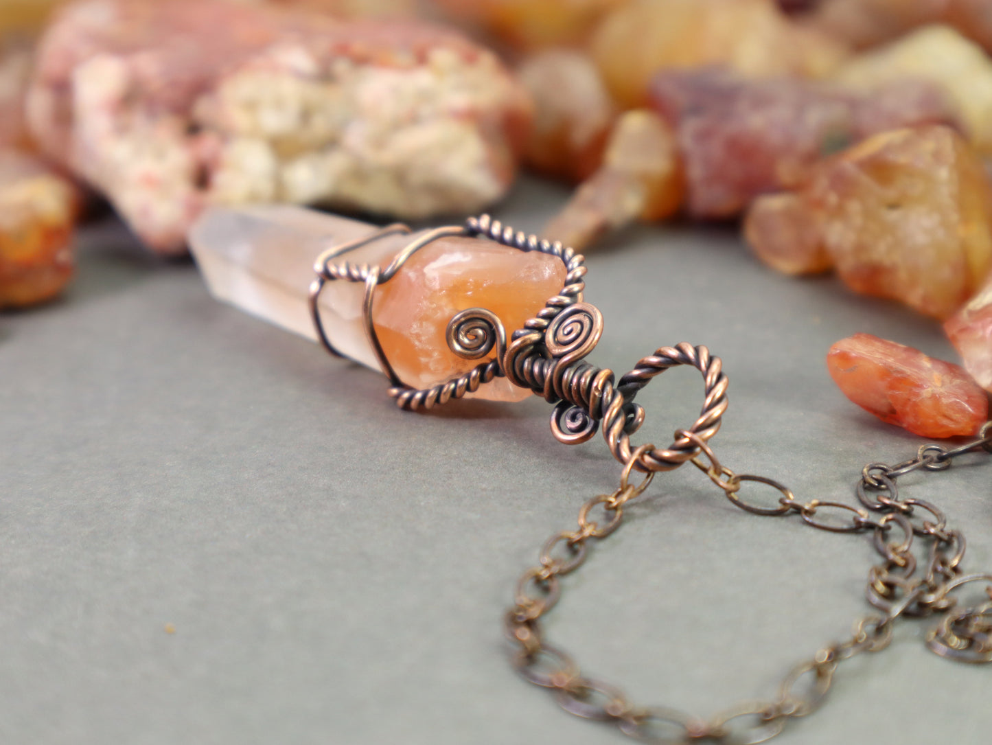 Raw red phantom quartz point pendant with antiqued copper chain