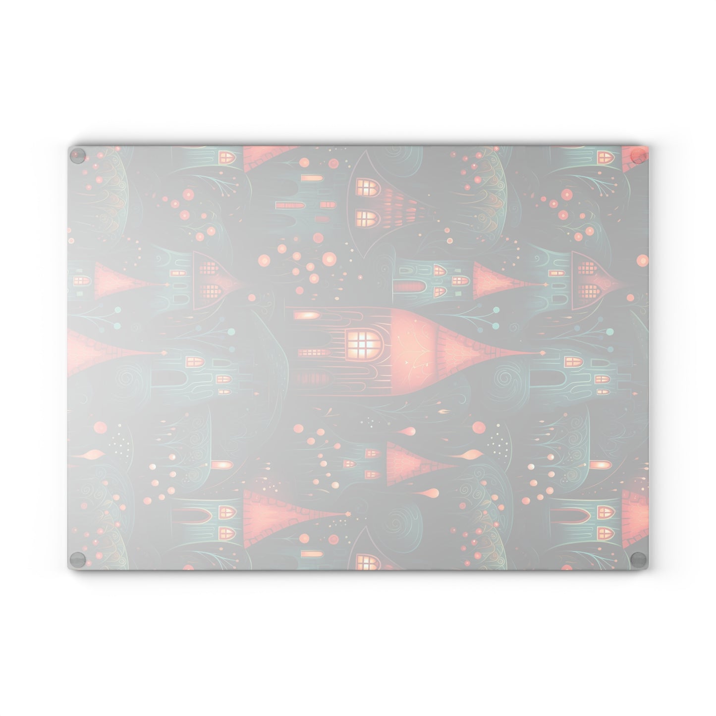 Back-side of Autumn Village Glass Cutting Board showing the non-slip, rubber feet. Large size: 11 x 15 inches
