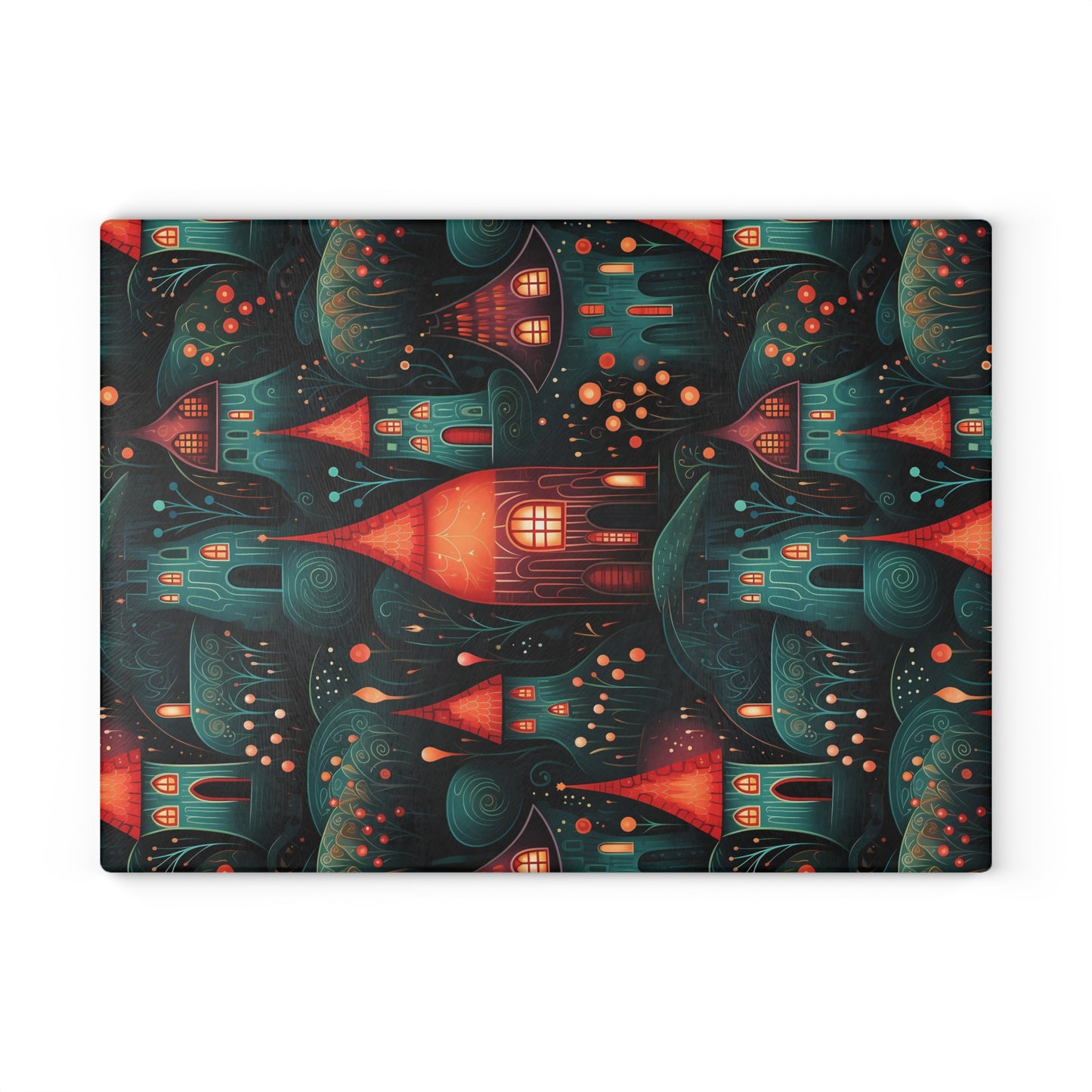 Full view of Fall Village Cutting Board featuring cozy houses in warm autumn colors. This is the large size: 11 x 15 inches