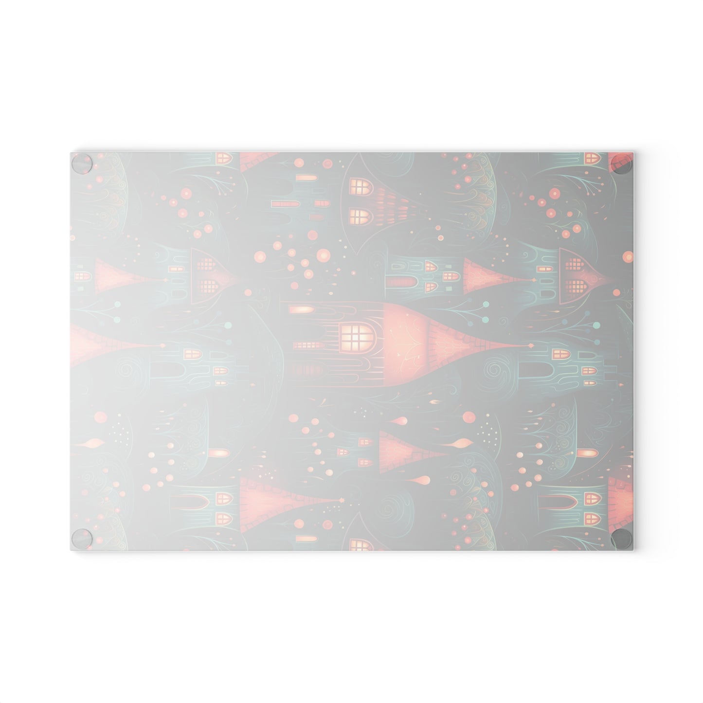 Back-side of Autumn Village Glass Cutting Board showing the non-slip, rubber feet. Small size 8 x 11 inches