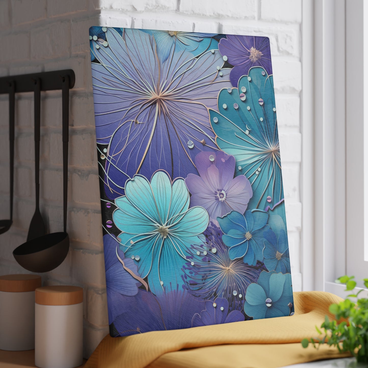 Elegant Blue & Purple Floral Glass Cutting Board – Botanical Kitchen Art - Large size is 11 x 15 inches.