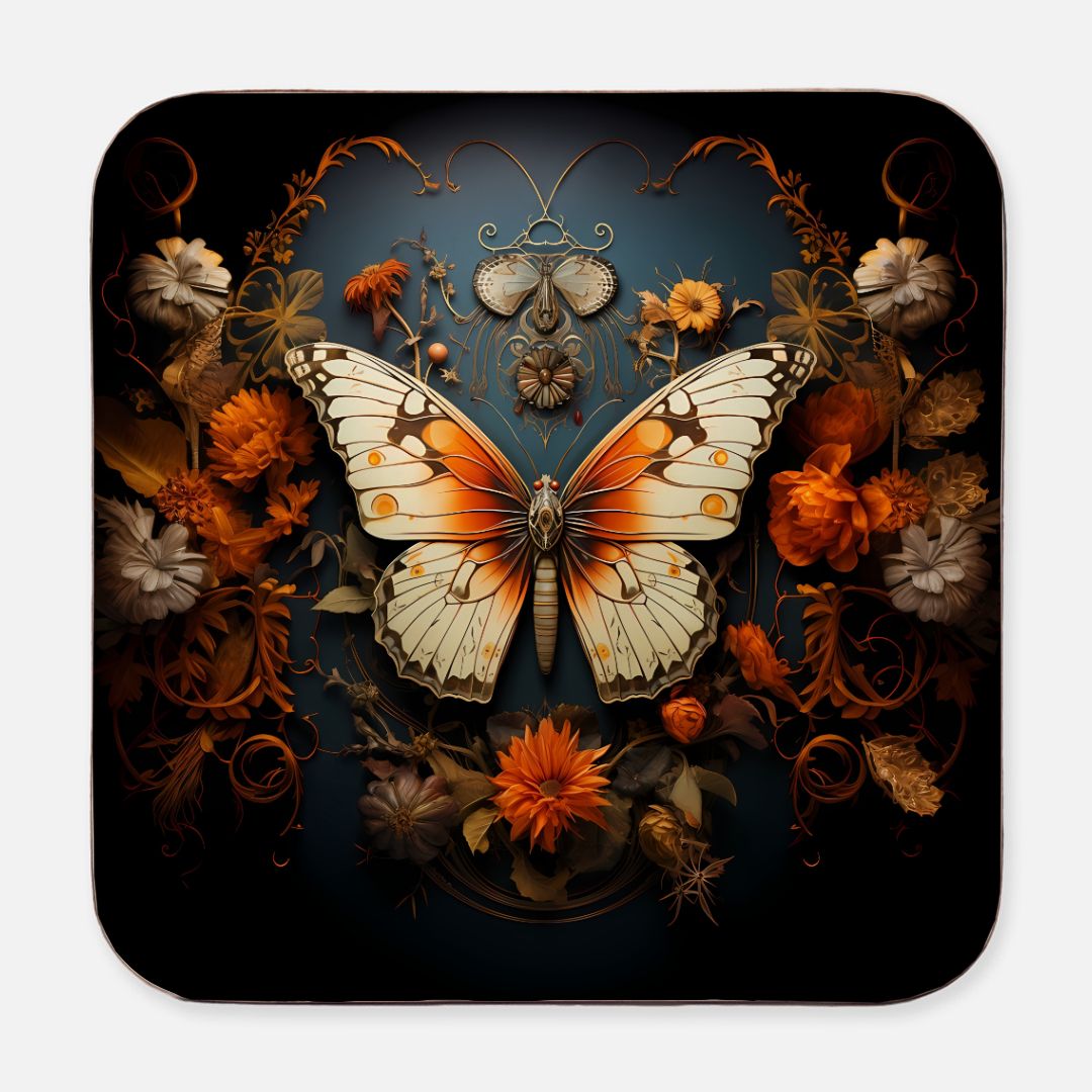 Vintage butterfly and floral coaster in black and orange tones - square hardboard