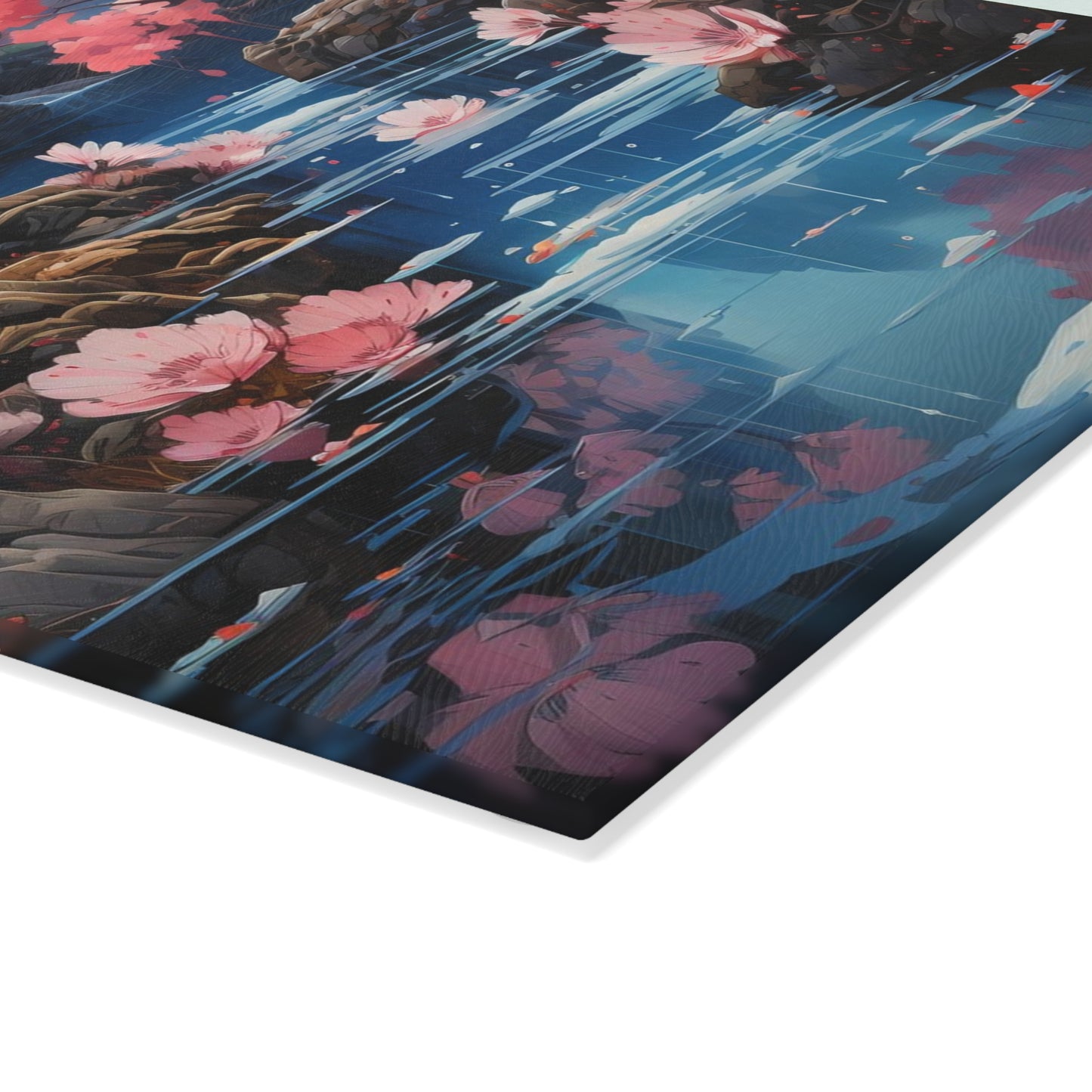 Tempered Glass Cutting Board with Cherry Blossom Landscape and a Whorled Texture - Large size is .31 inches thick.