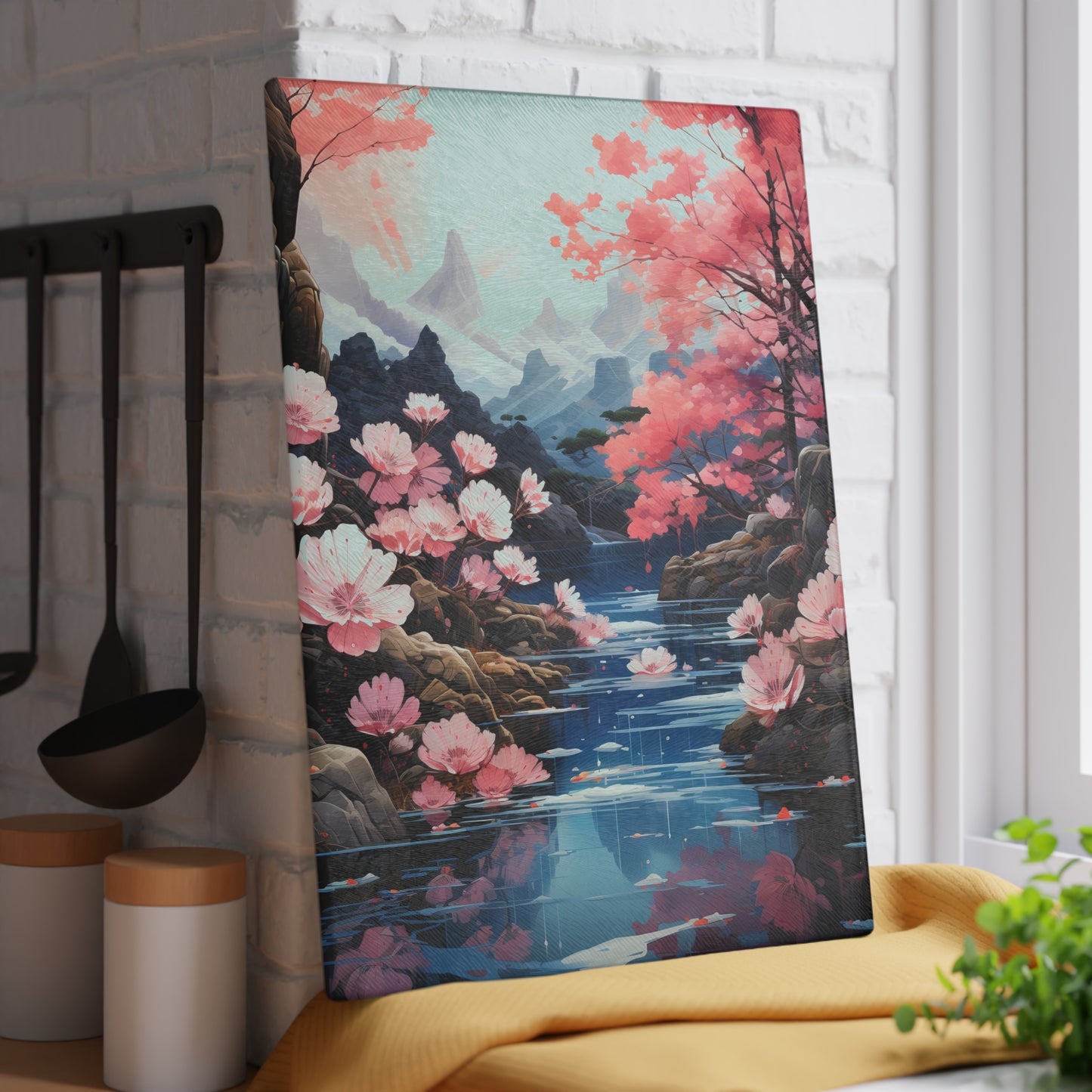 Peaceful River Cutting Board with Pink Blooming Cherry Blossoms – Zen Garden-Inspired Kitchen Art - Large Board is 11 x 15 inches.