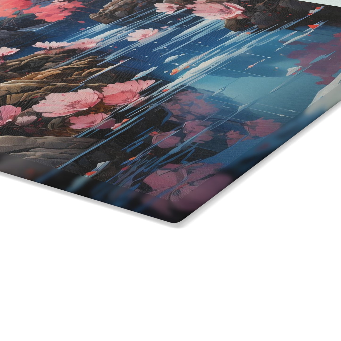 Tempered Glass Cutting Board with Cherry Blossom Landscape and a Whorled Texture - Small size is .24 inches thick.