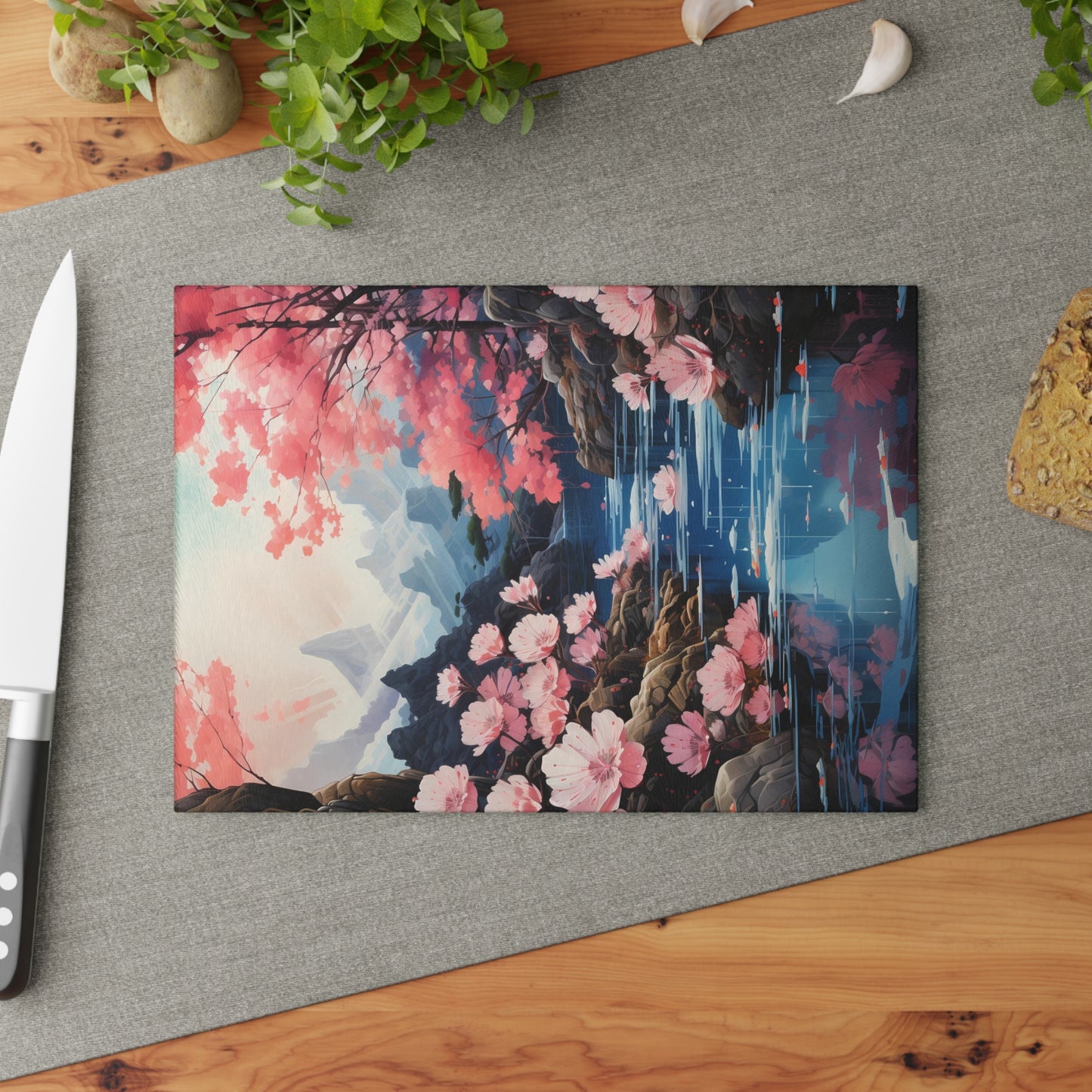 Tranquil Stream and Sakura Cutting Board – Elegant Kitchenware with Pink Blooming Cherry Blossoms - Small 8" x 11"