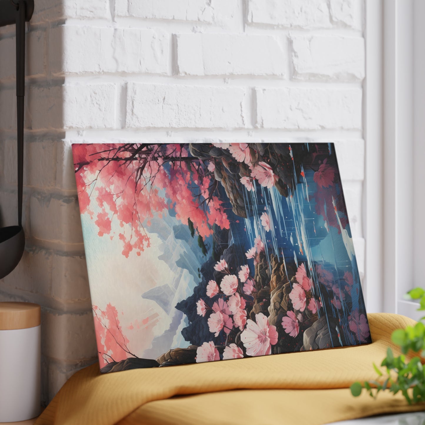 Cherry Blossom Glass Cutting Board – Japanese Sakura Kitchen Decor - Peaceful Landscape Art - Small 8 x 11 inches
