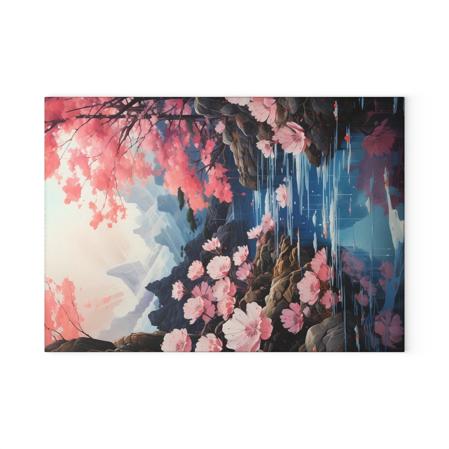 Tranquil Stream and Sakura Cutting Board – Elegant Kitchenware with Cherry Blossoms - Small 8 x 11 inches