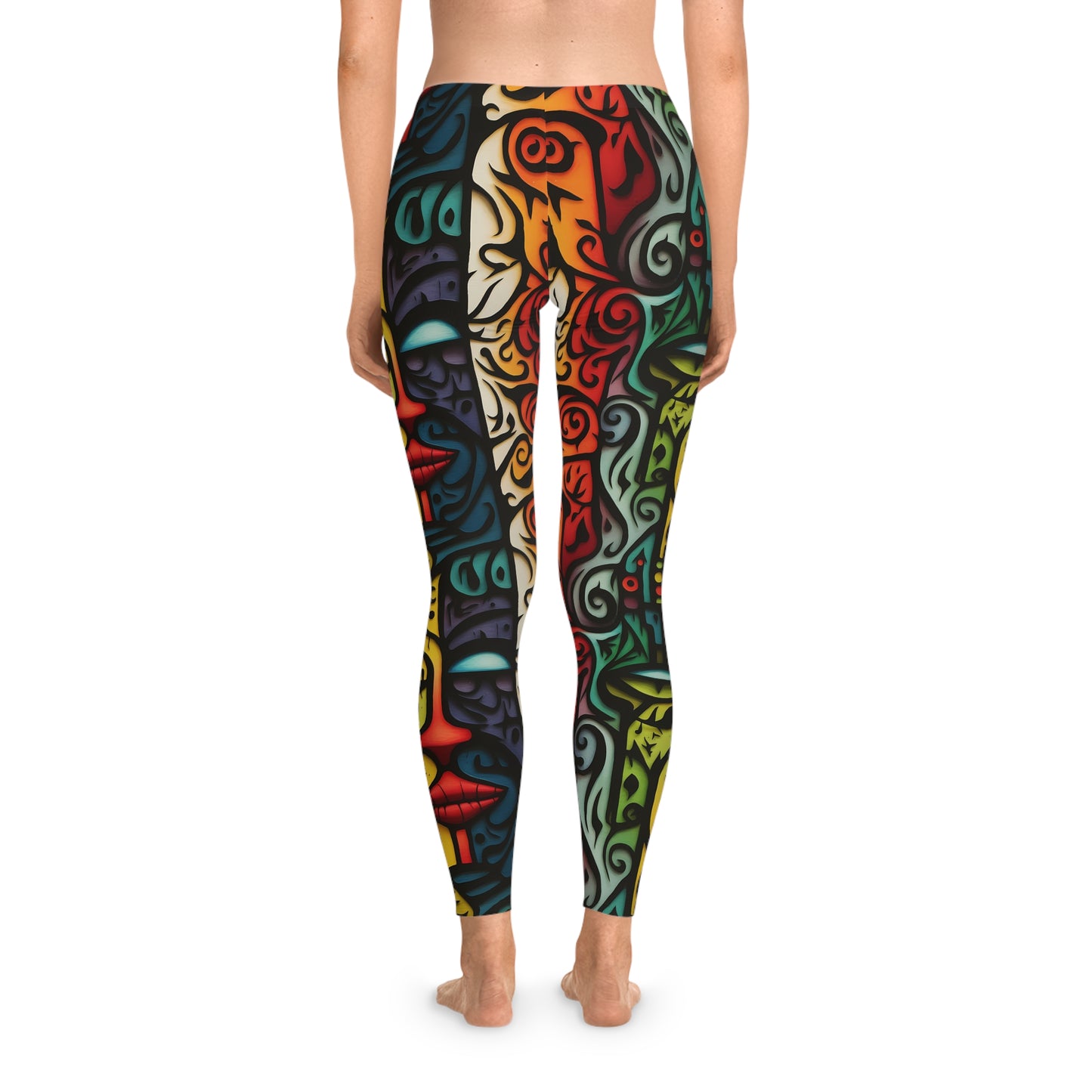 Back view of colorful art leggings showcasing a seamless abstract face design with vibrant colors like red, yellow, and green. Comfortable and stylish for any occasion.