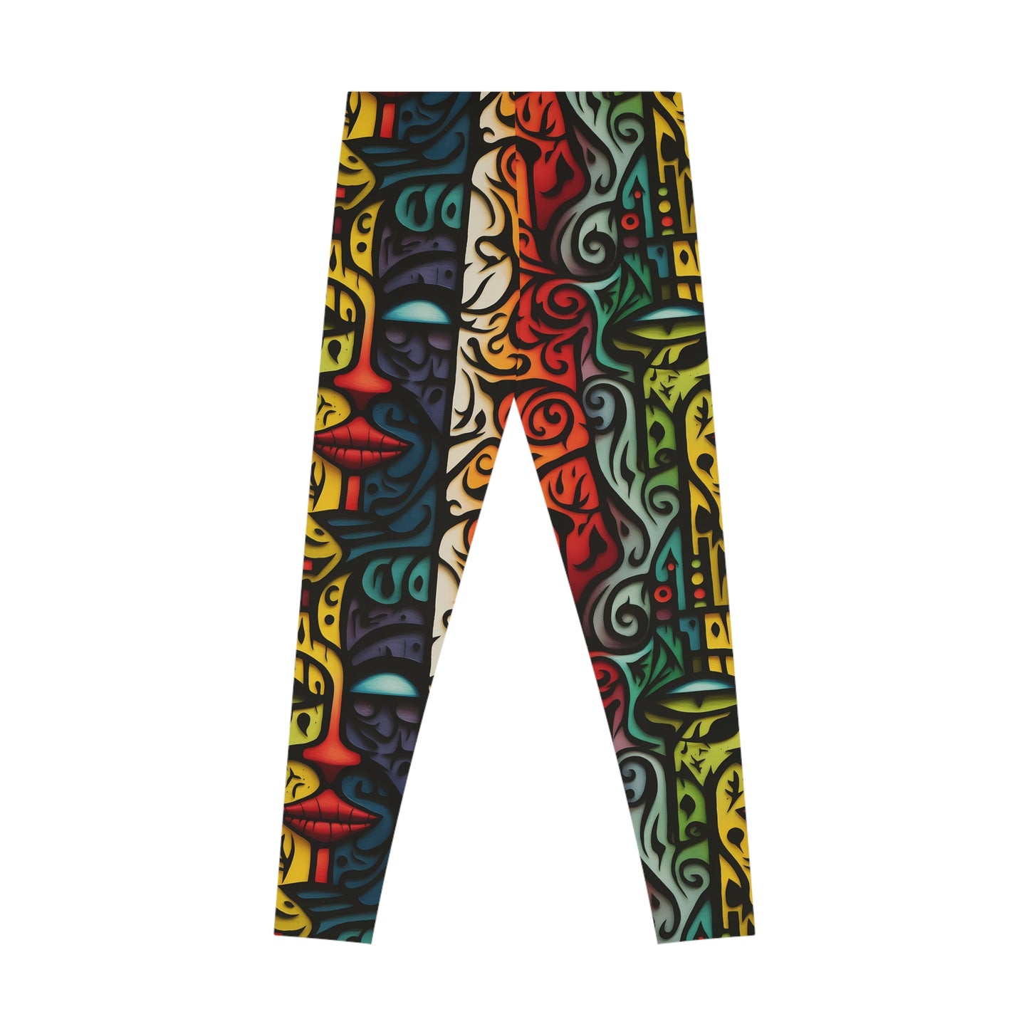 Flat lay of colorful art leggings, back view, highlighting the seamless abstract face design with bold, vibrant colors. Perfect for workouts or casual wear.