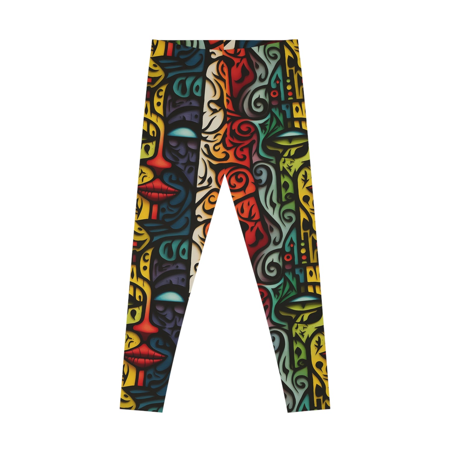 Flat lay of colorful art leggings, front view, with a bold abstract face pattern in red, yellow, green, and black. Stretchy and comfortable fabric for everyday use.