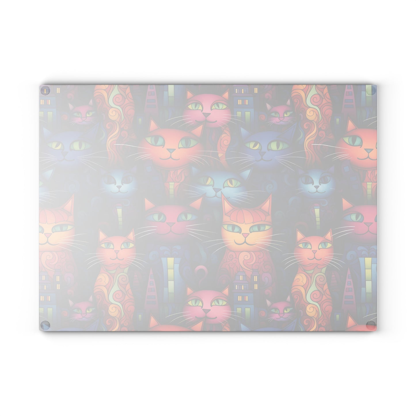 Back-side of cute cat art glass cutting board showing the non-slip rubber feet. This is the large size which is 11 x 15 inches.