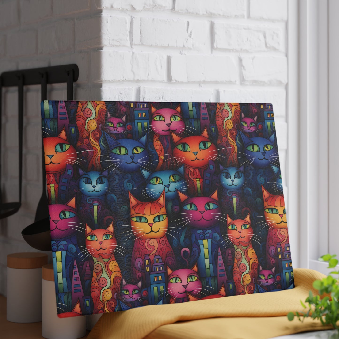 Whimsical cat kitchen decor – vibrant cat-themed cutting board with a playful city backdrop. Large size is 11 x 15 Inches.
