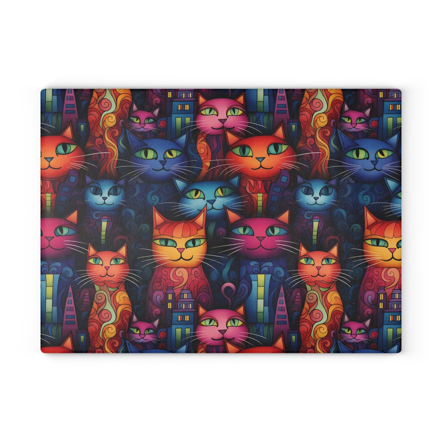 Bright and colorful cat glass cutting board featuring neon cityscape with abstract cat faces. Large size is 11 x 15 inches.