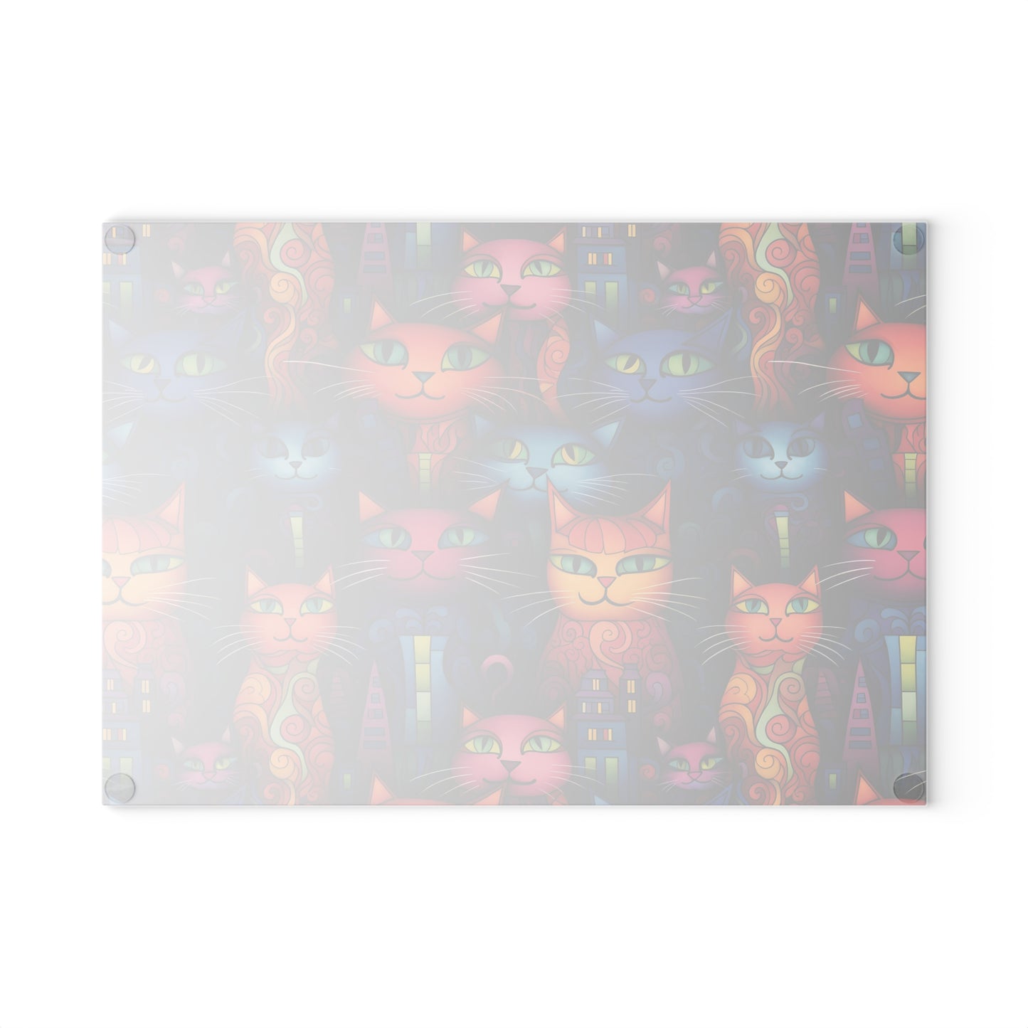 Back-side of cute cat art glass cutting board showing the non-slip rubber feet. This is the small size, which is 8 x 11 inches.