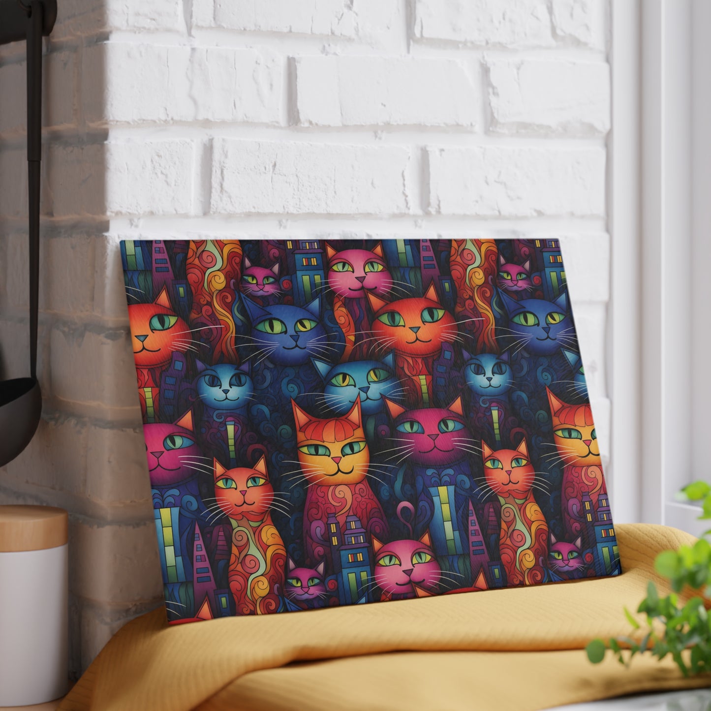 Whimsical cat kitchen decor – vibrant cat-themed cutting board with a playful city backdrop. Small size is 8" x 11".