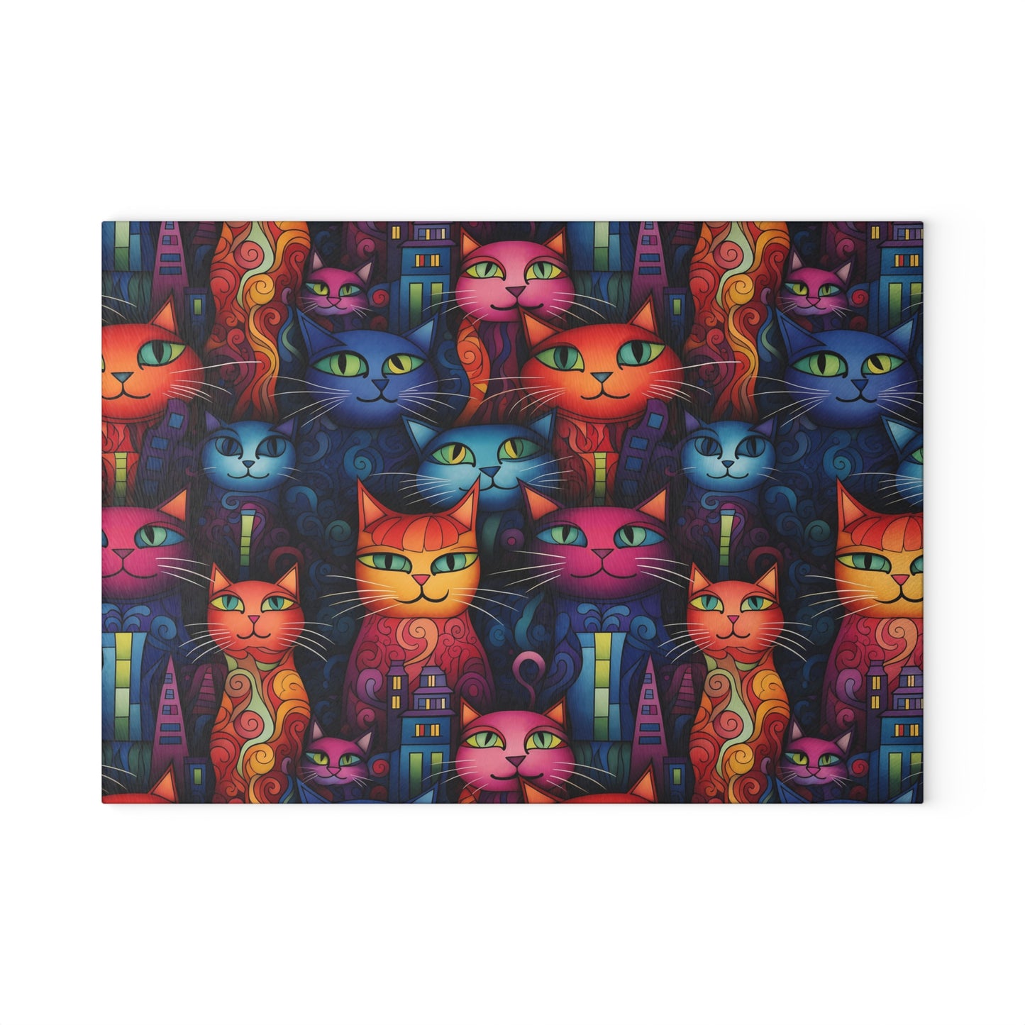 Bright and colorful cat glass cutting board featuring neon cityscape with abstract cat faces. Small size is 8 x 11 inches.