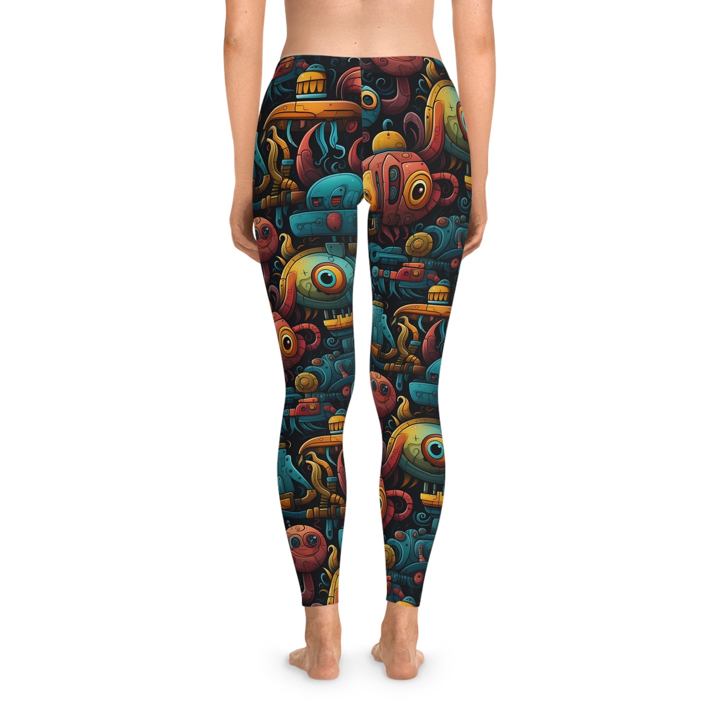 Back view of robot leggings showcasing a seamless sci-fi-inspired robot design in vibrant colors.