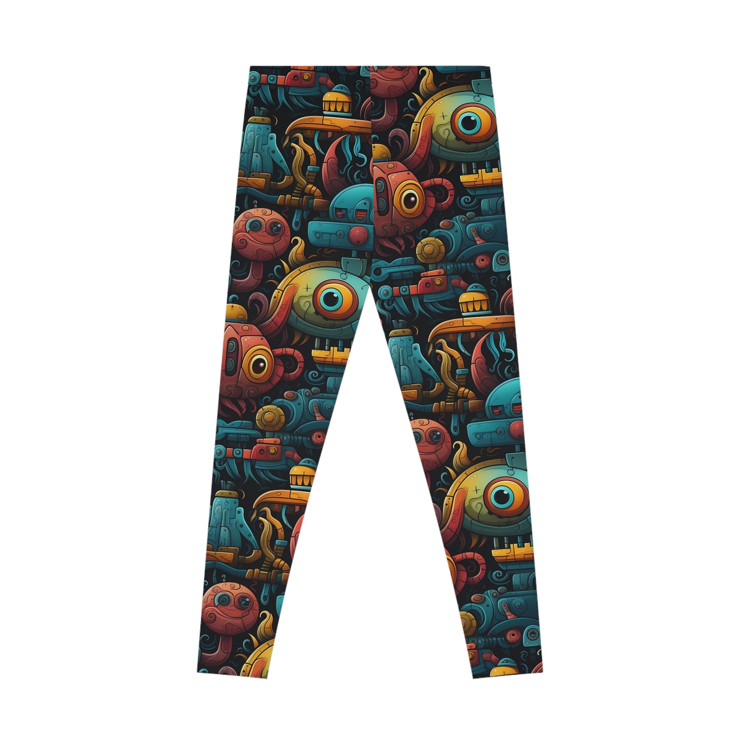 Flat lay of robot leggings, back view, highlighting the intricate robot design with bold and quirky details.