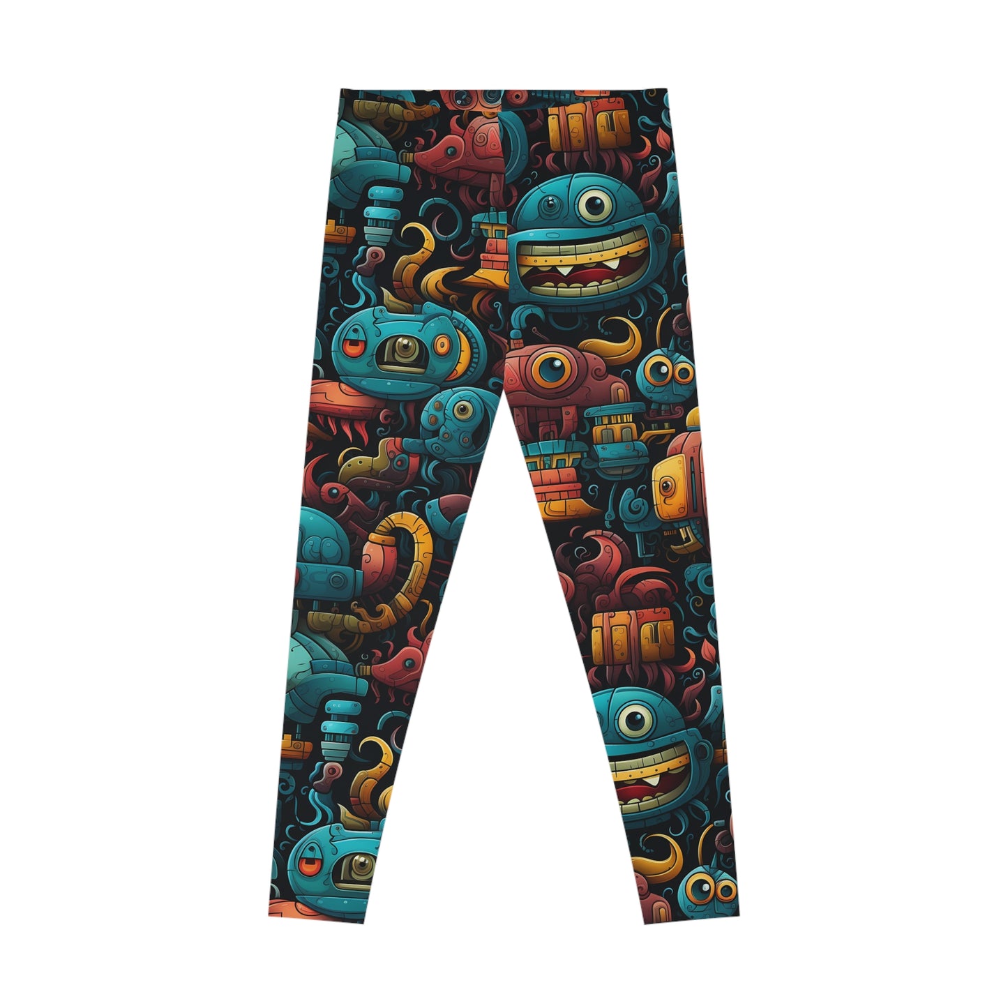 Flat lay of robot leggings, front view, showcasing a vibrant and seamless sci-fi-inspired robot pattern.