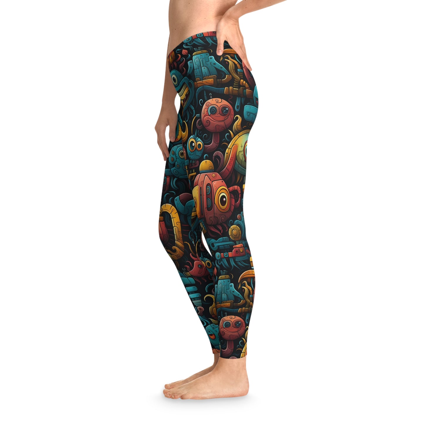 Left side view of quirky robot leggings with a fun and bold sci-fi theme. Perfect for expressing your unique style.