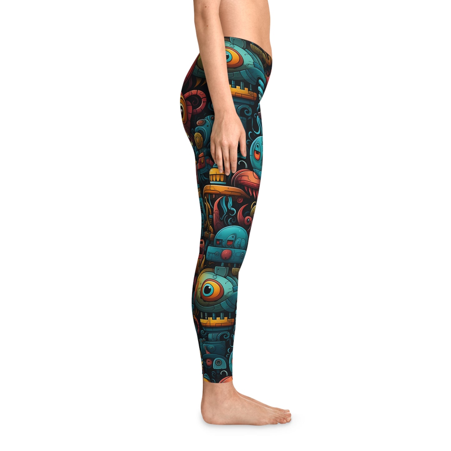 Right side view of fun robot leggings featuring a colorful and whimsical design for sci-fi fans and everyday wear.