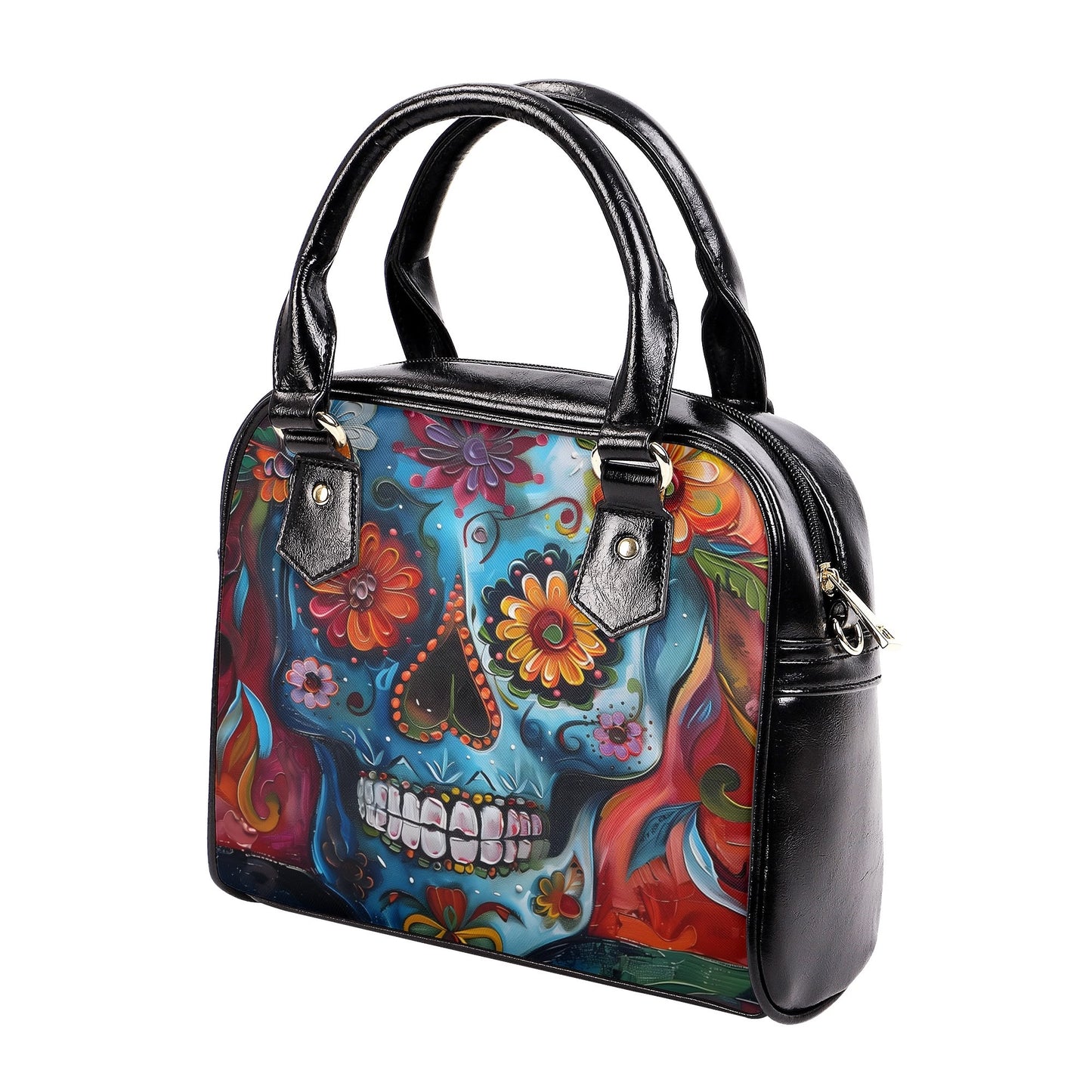 Back view of the handbag showcasing the same bold sugar skull artwork, perfect for colorful fashion lovers.