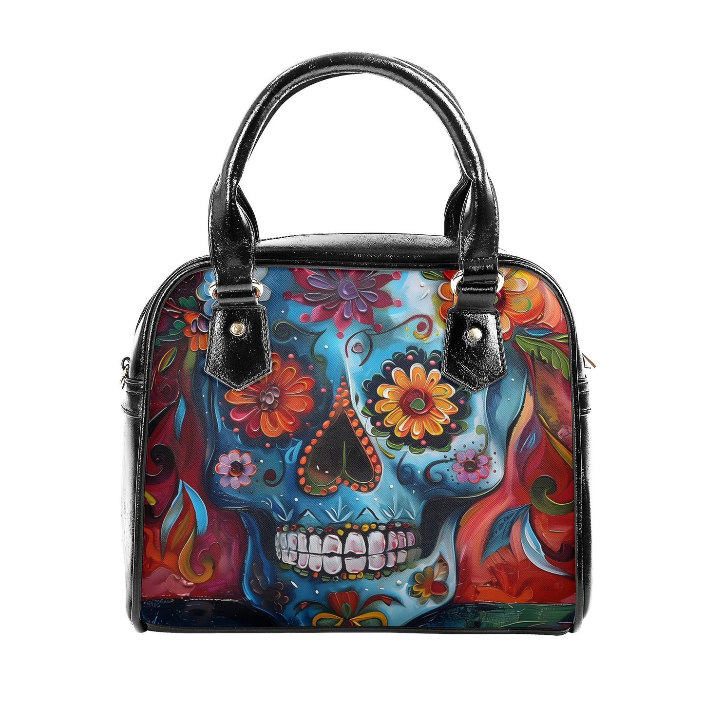 Front view of the Day of the Dead floral skull handbag with a vibrant sugar skull design on PU leather.