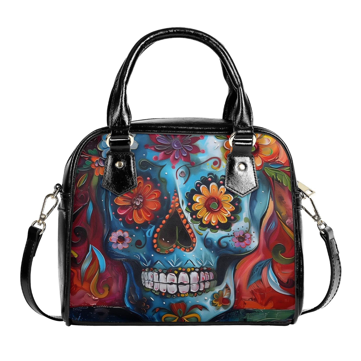 Handbag with adjustable shoulder strap, highlighting its versatile crossbody design and vibrant art print.