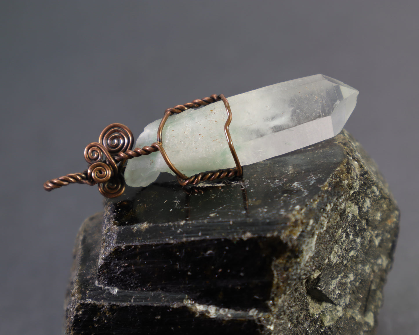 Green Fuchsite Phantom Quartz Crystal Pendant | Wire Wrapped Copper Jewelry