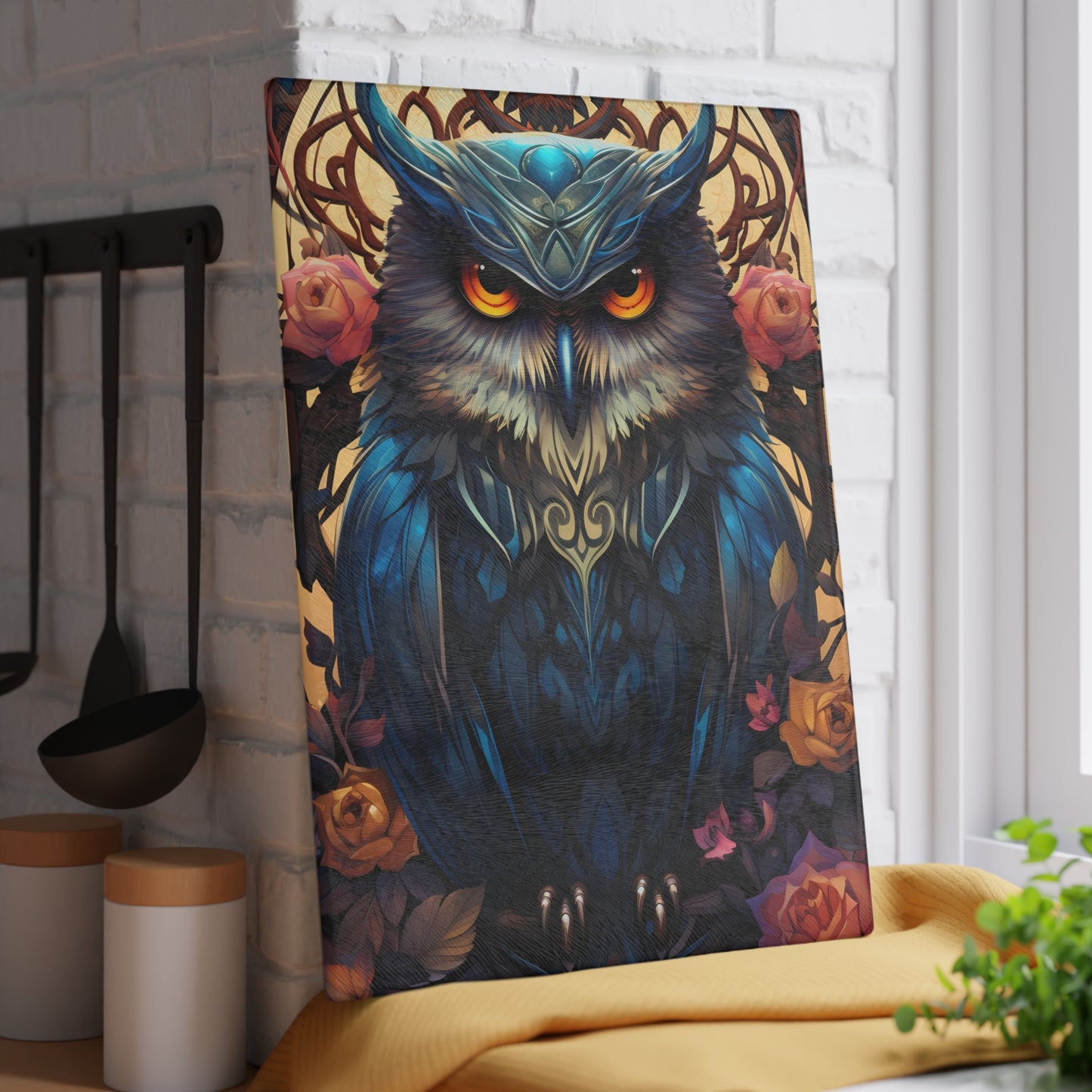 Midnight Blue Owl Cutting Board – Elegant Fantasy Kitchenware Perfect for Charcuterie & Kitchen Aesthetics - Large is 11 x 15 Inches