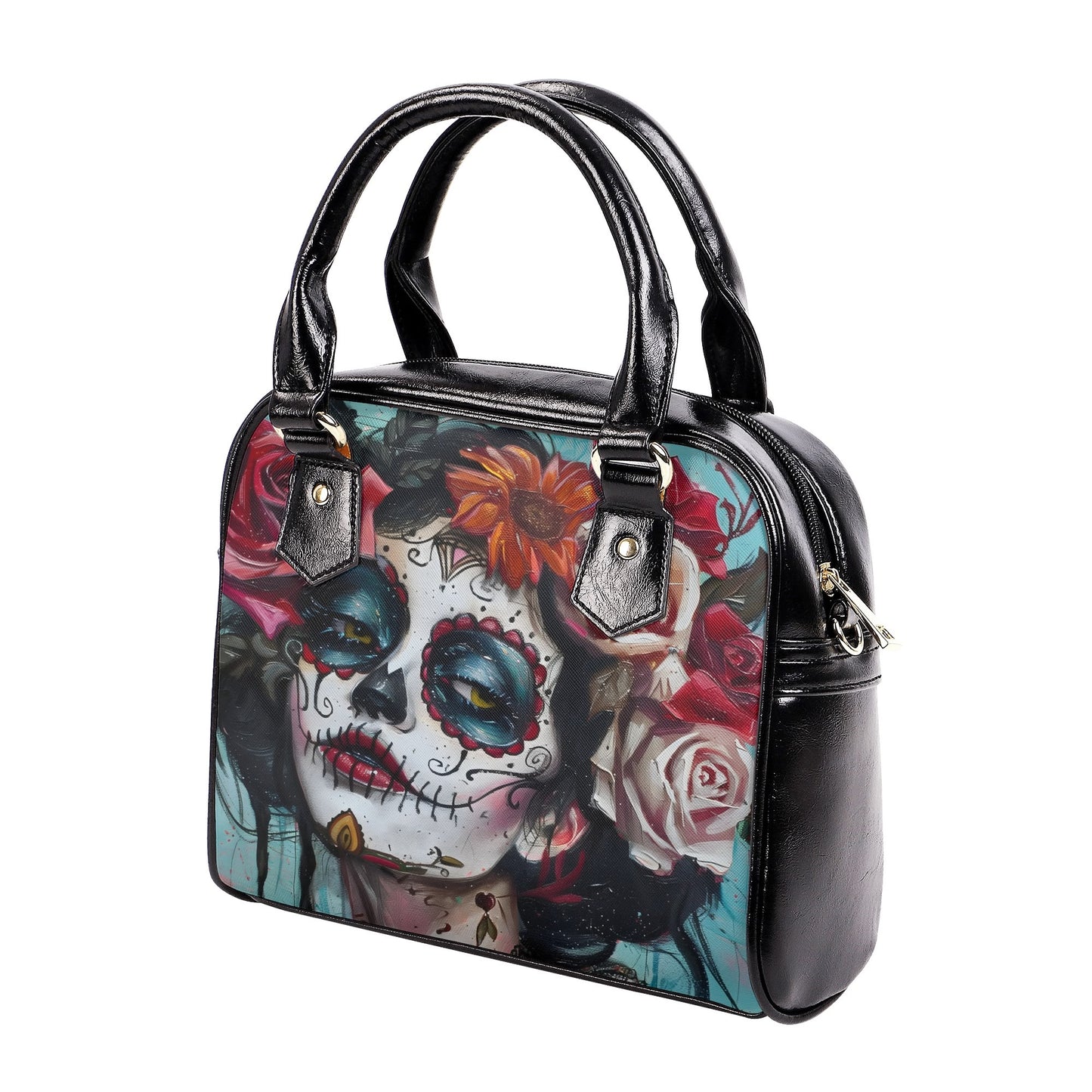 Back view showcasing the intricate sugar skull pinup girl design on durable PU leather.
